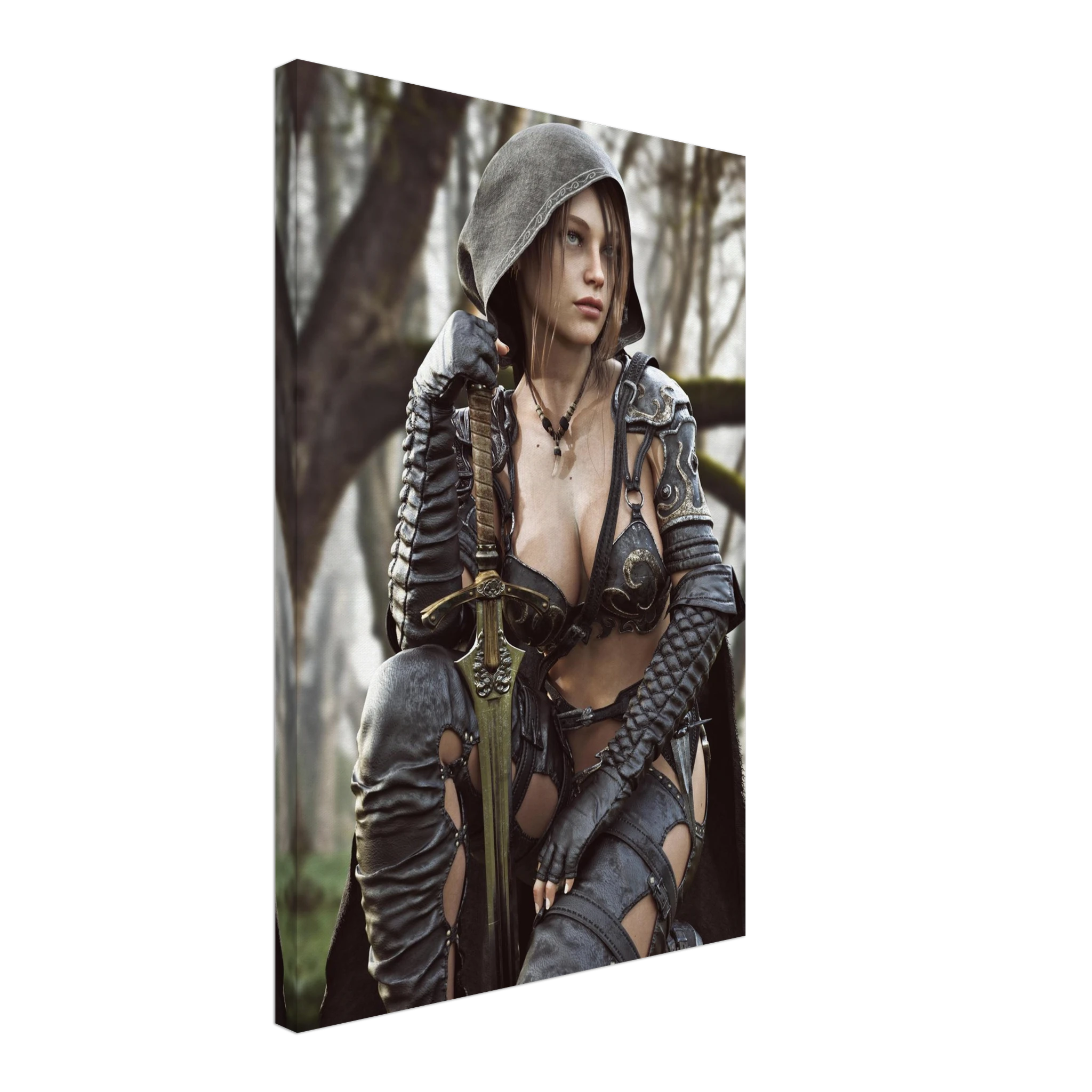 Female ranger fantasy wall art featuring a hooded female warrior kneeling with an ornate medieval sword, dark leather armor and metallic shoulder guards in a misty enchanted forest setting.