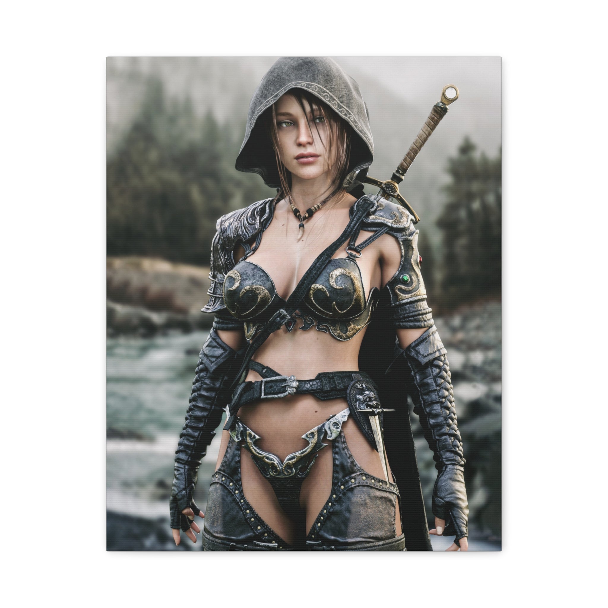 Female Warrior Ranger Fantasy Canvas Print - Matte Stretched Wall Art - No AI - Human created illustration art