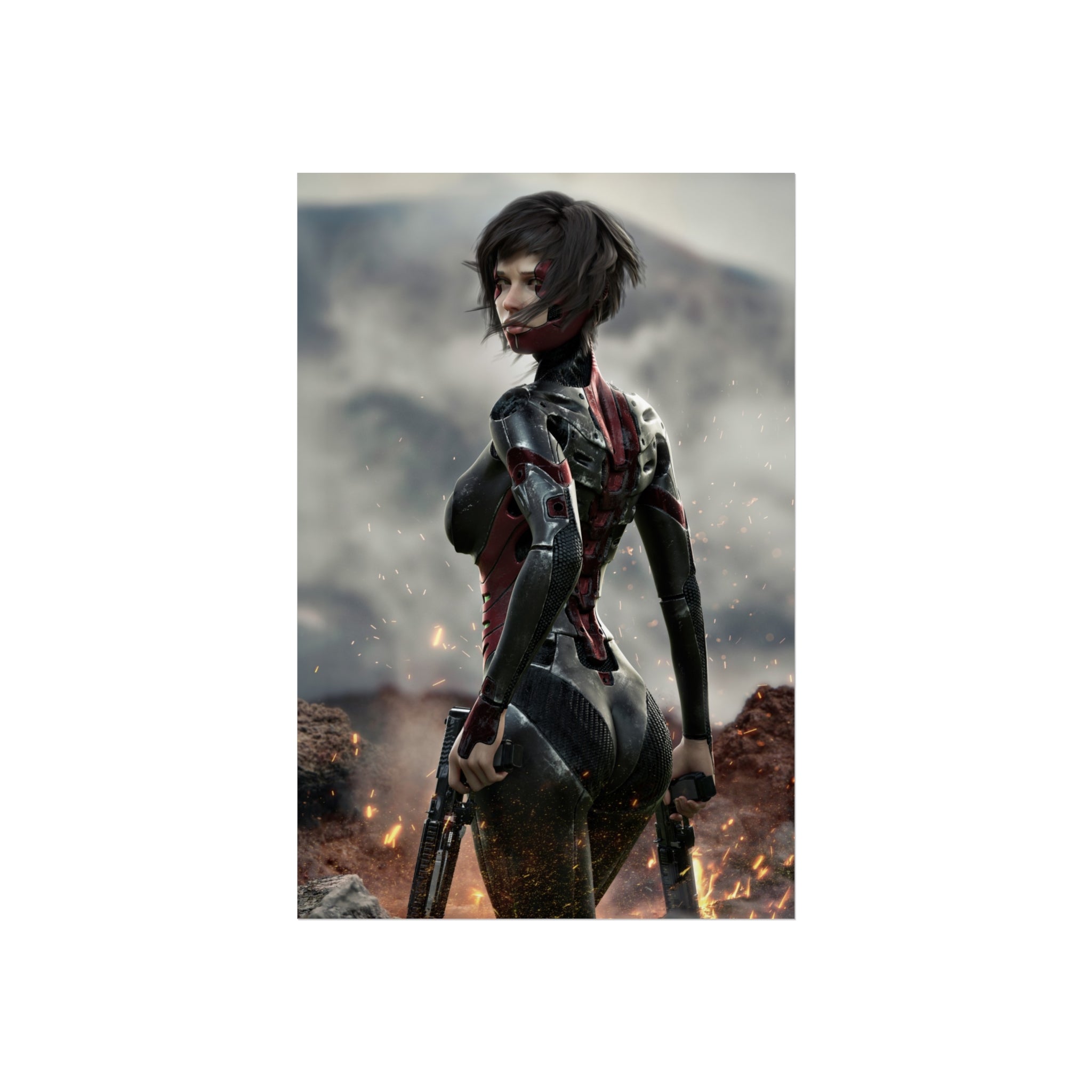 Sci‑Fi Warrior Fine Art Poster — Cybernetic Female Soldier Wall Art- No AI - Human created illustration art
