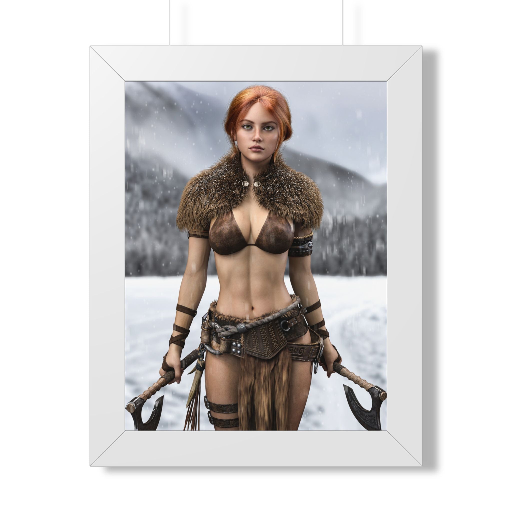 Viking Shieldmaiden Framed Poster — Redhead Warrior Art Print- No AI - Human created illustration art