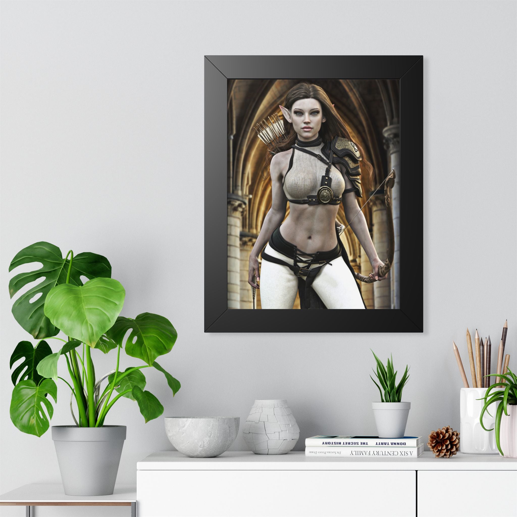 Fantasy Archer Woman Framed Poster — Elven Warrior Vertical Wall Art- No AI - Human created illustration art