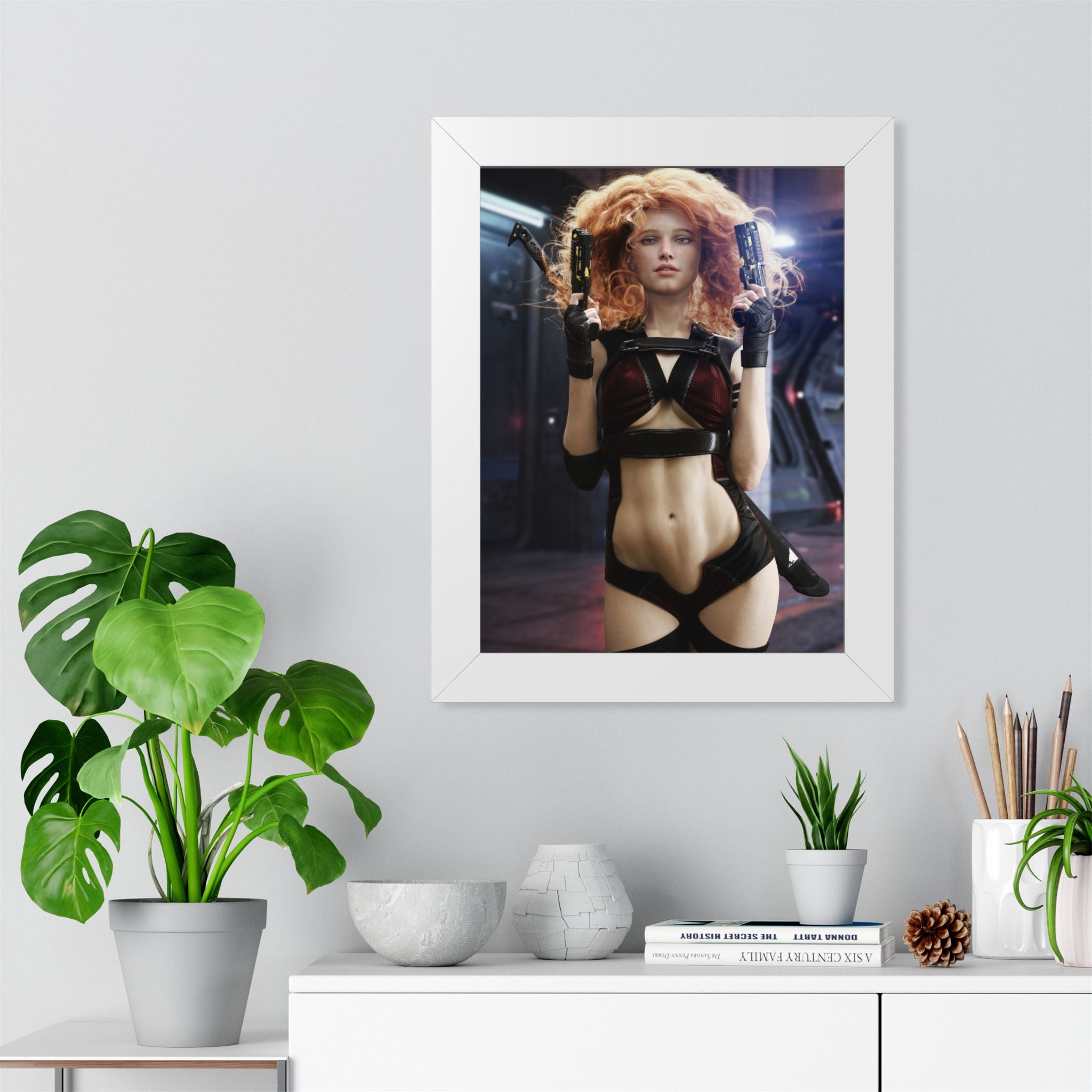 Sci‑Fi Femme Fatale Framed Poster — Cyberpunk Redhead with Dual Blasters- No AI- Human created illustration art