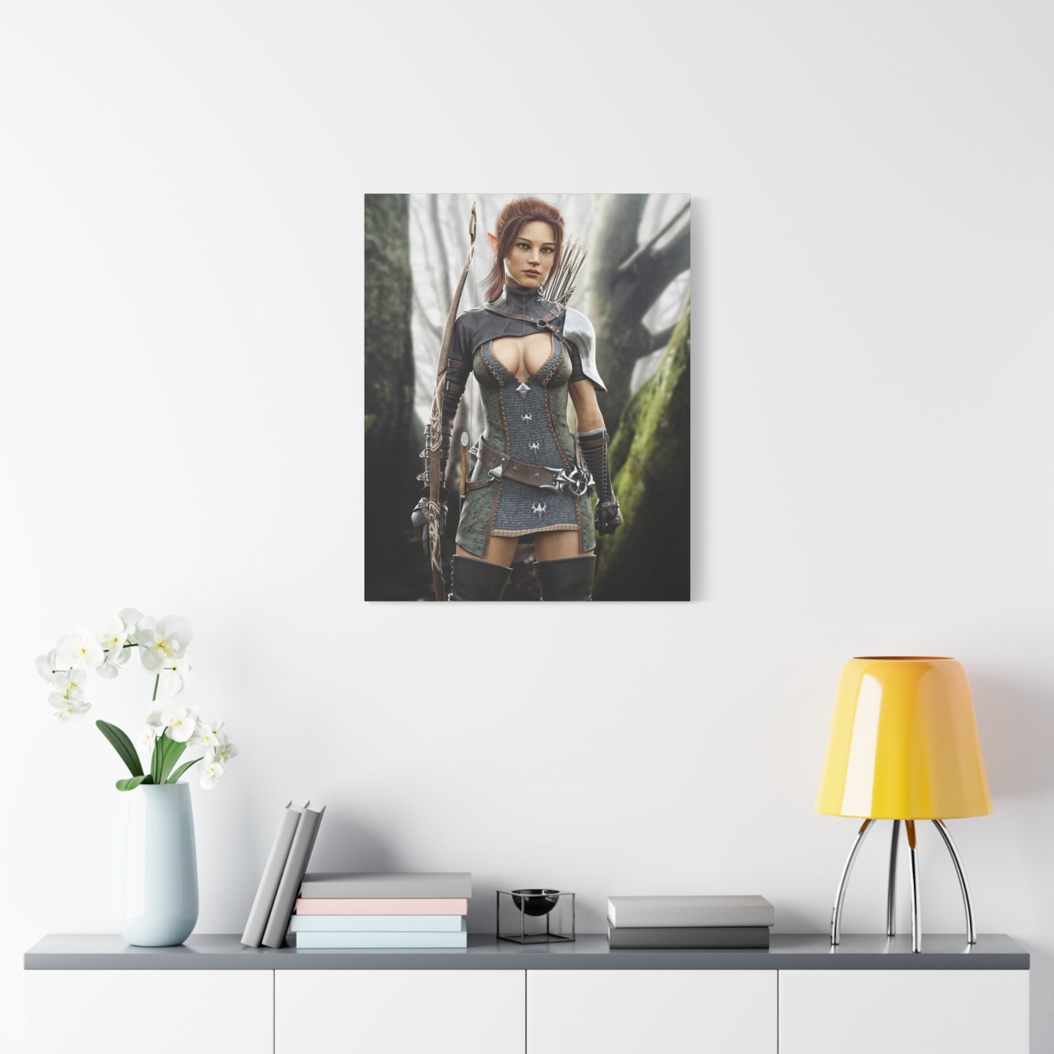 Fantasy Wood Elf Archer Warrior Canvas Print — Matte Stretched Wall Art - No Ai - human created illustration art