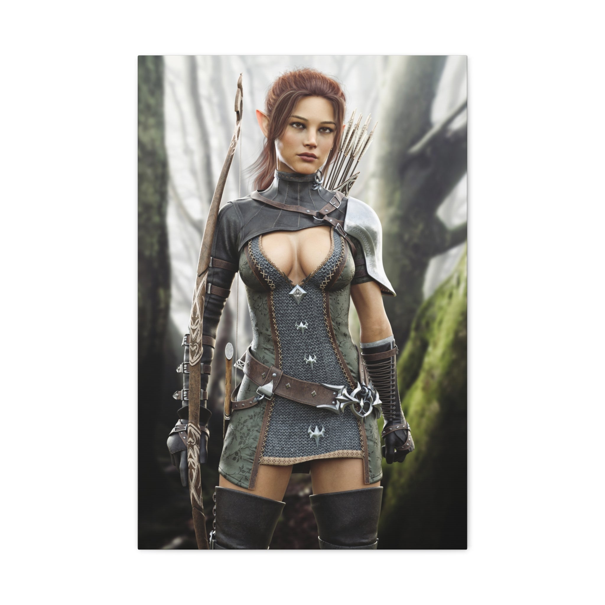 Fantasy Wood Elf Archer Warrior Canvas Print — Matte Stretched Wall Art - No Ai - human created illustration art