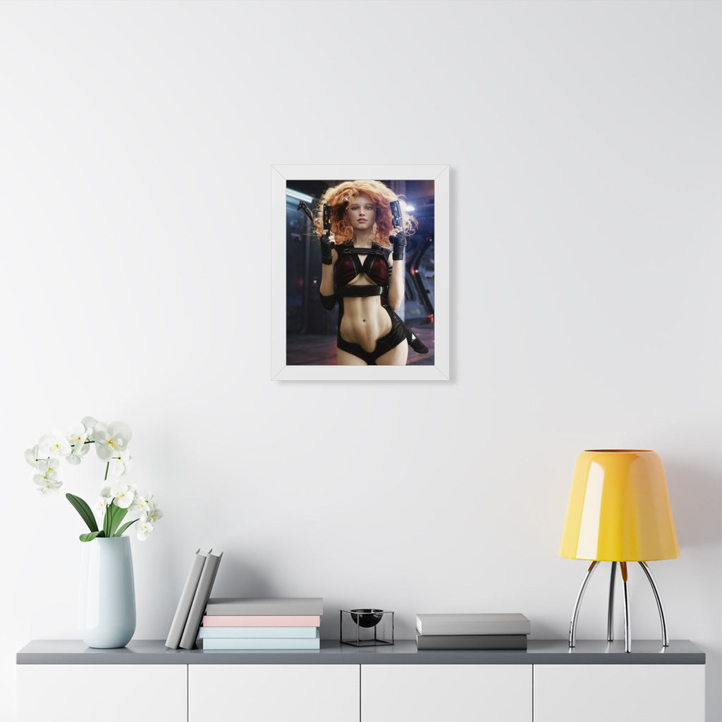 Sci‑Fi Femme Fatale Framed Poster — Cyberpunk Redhead with Dual Blasters- No AI- Human created illustration art