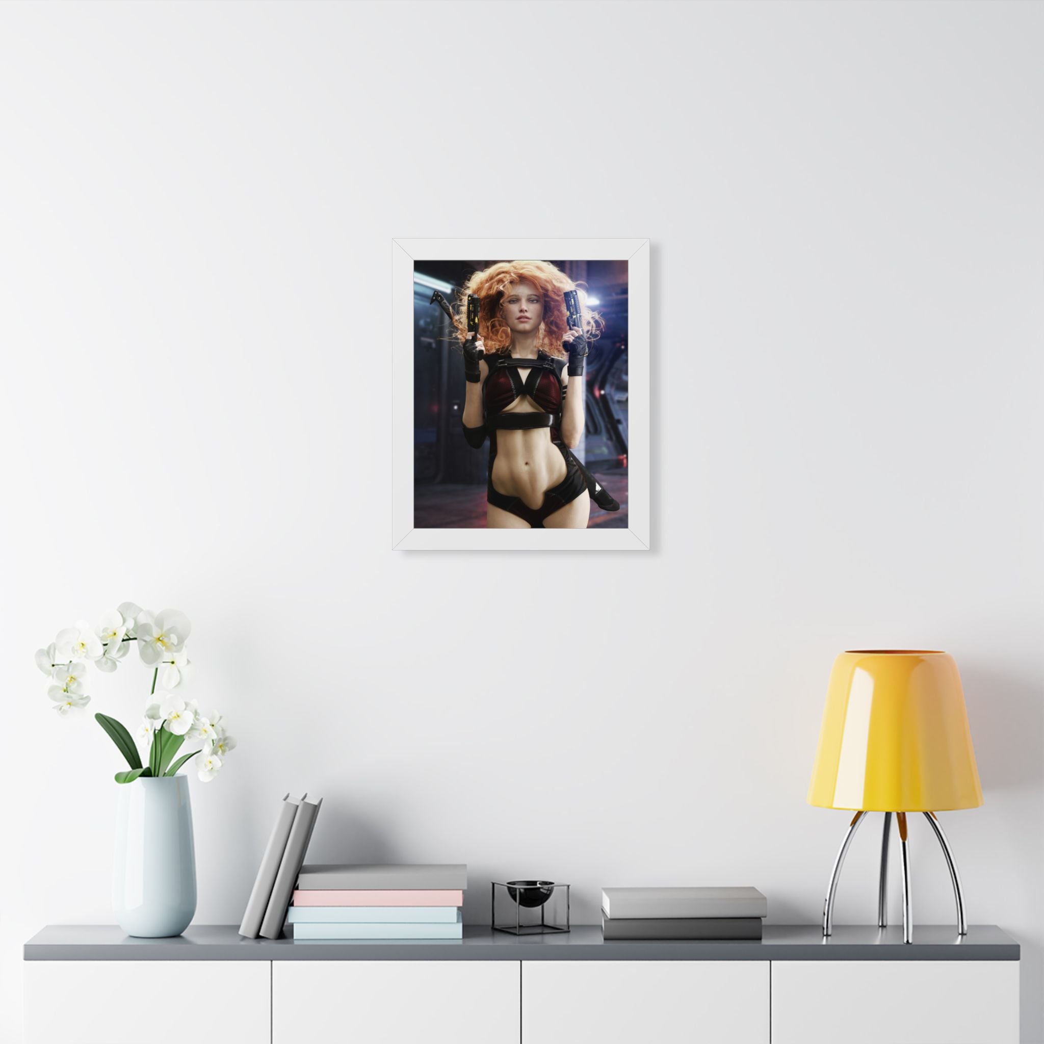 Sci‑Fi Femme Fatale Framed Poster — Cyberpunk Redhead with Dual Blasters- No AI- Human created illustration art