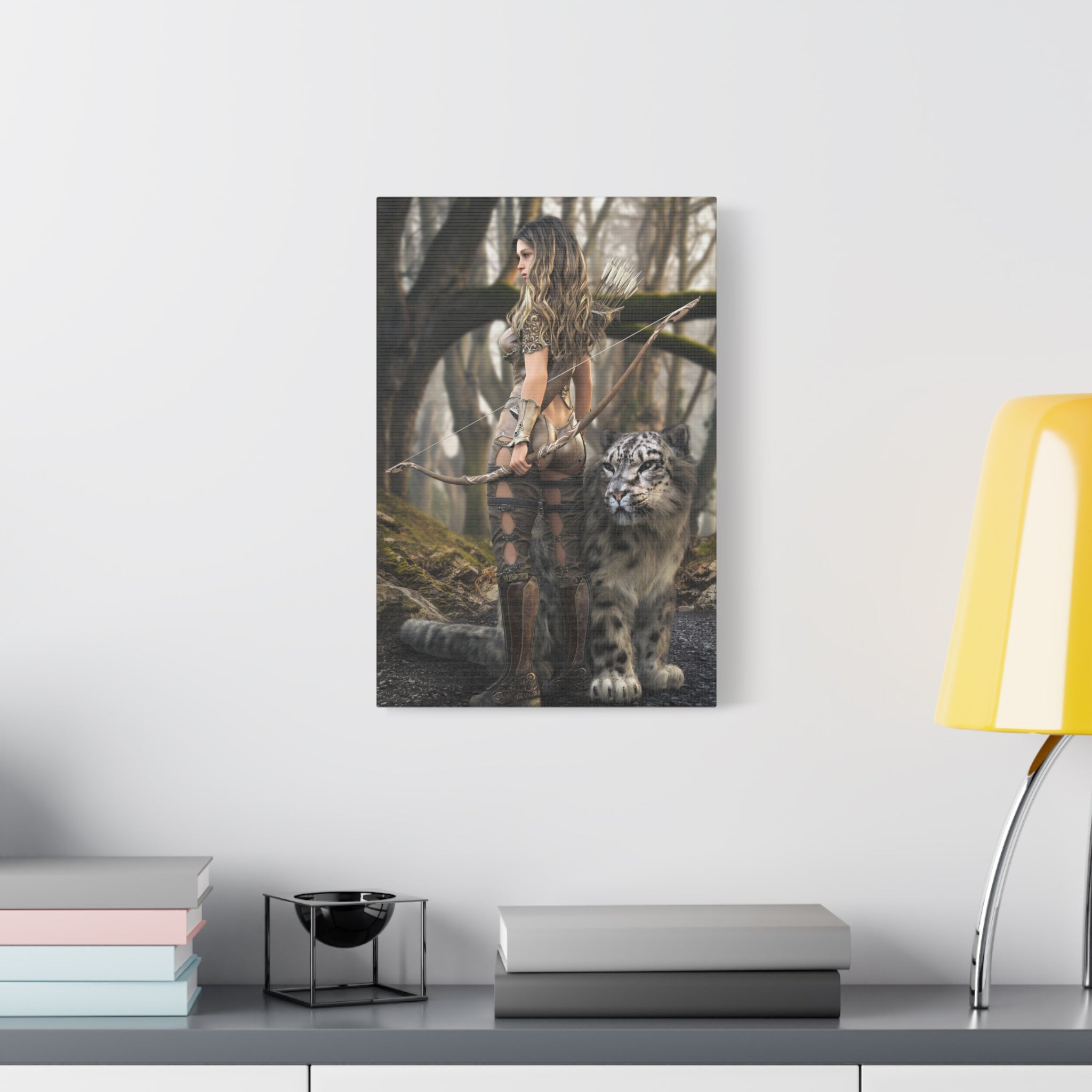 Fantasy Archer Warrior with  Leopard - Matte Stretched Canvas Wall Art - No ai - human created illustration art