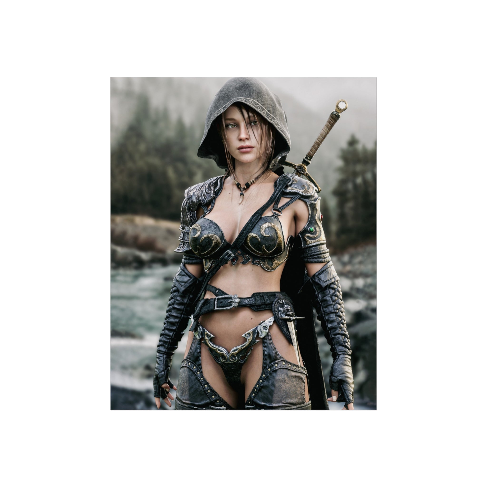 Fantasy Warrior Fine Art Poster — Hooded Female Swordfighter Print - No AI- Human created illustration art