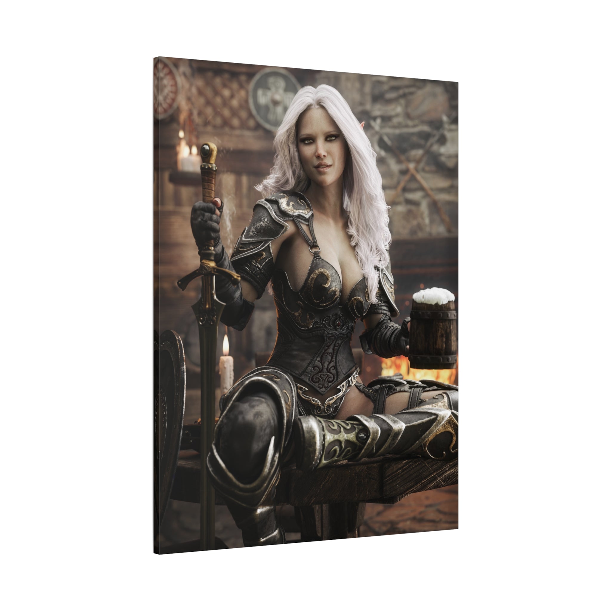 Fantasy Warrior Woman Canvas Print — Armored Dark elf in Tavern Portrait-No AI- Human created illustration art
