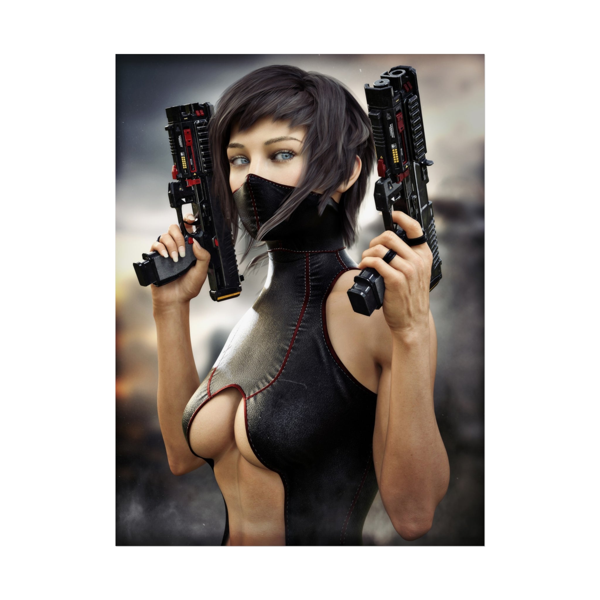 Cyberpunk Assassin Fine Art Poster — Futuristic Female Gunslinger Wall Art- No AI -Human created illustration art
