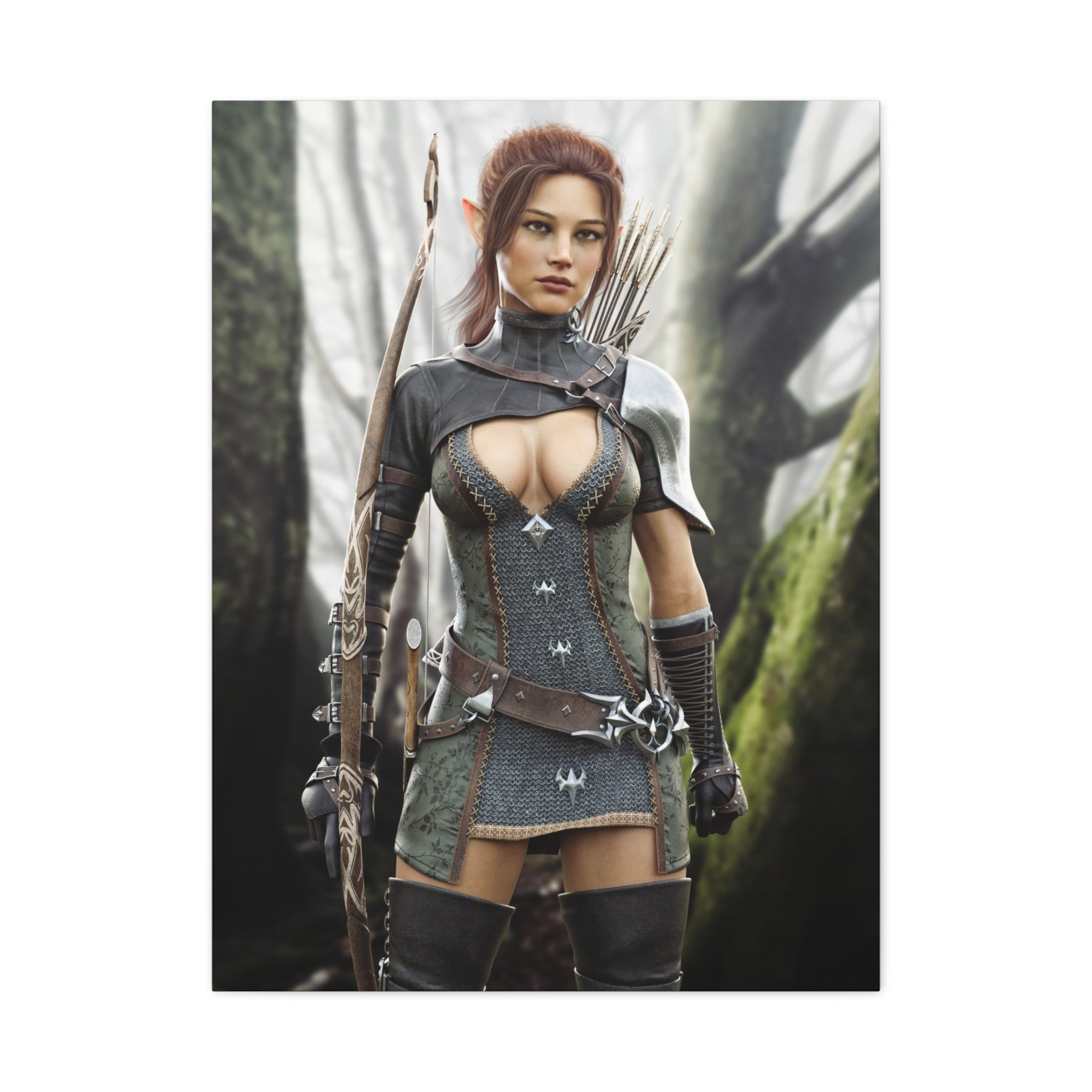Fantasy Wood Elf Archer Warrior Canvas Print — Matte Stretched Wall Art - No Ai - human created illustration art