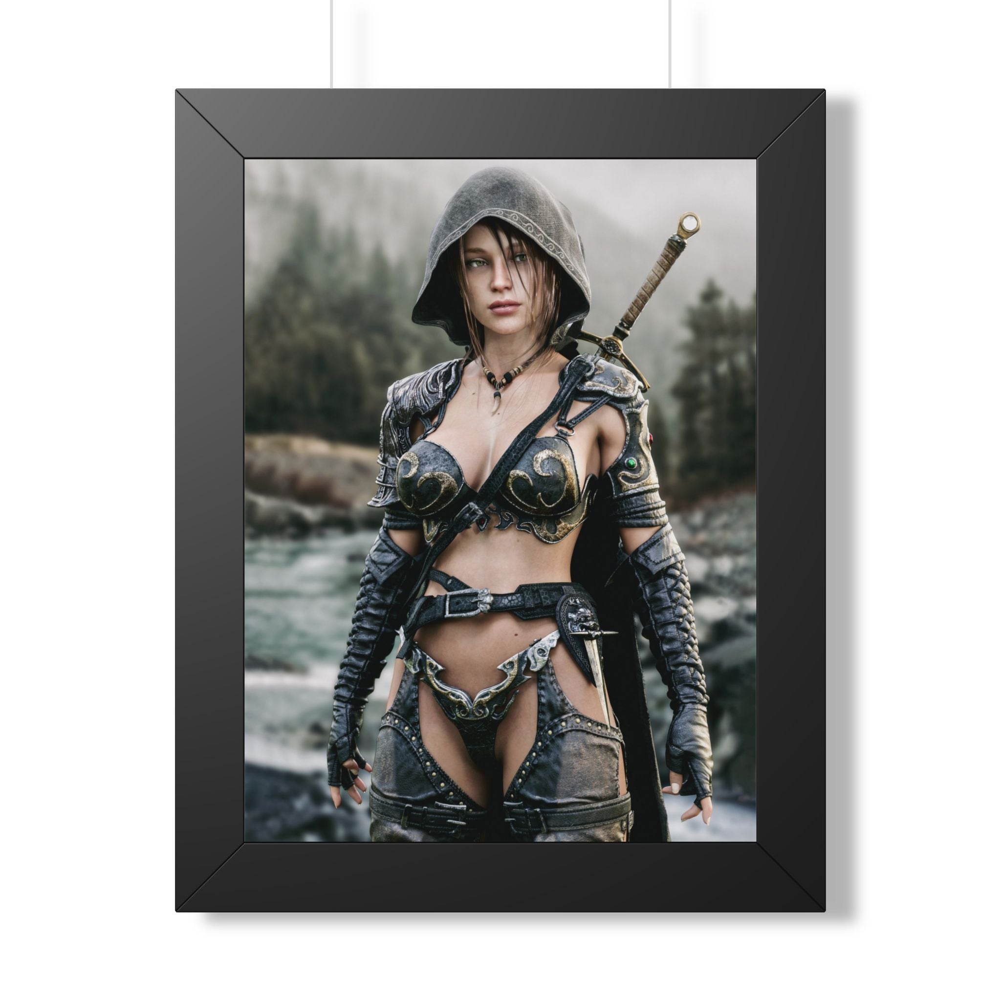 Framed Poster - Fantasy Female Ranger Warrior Art (Vertical) - No AI- Human created illustration art