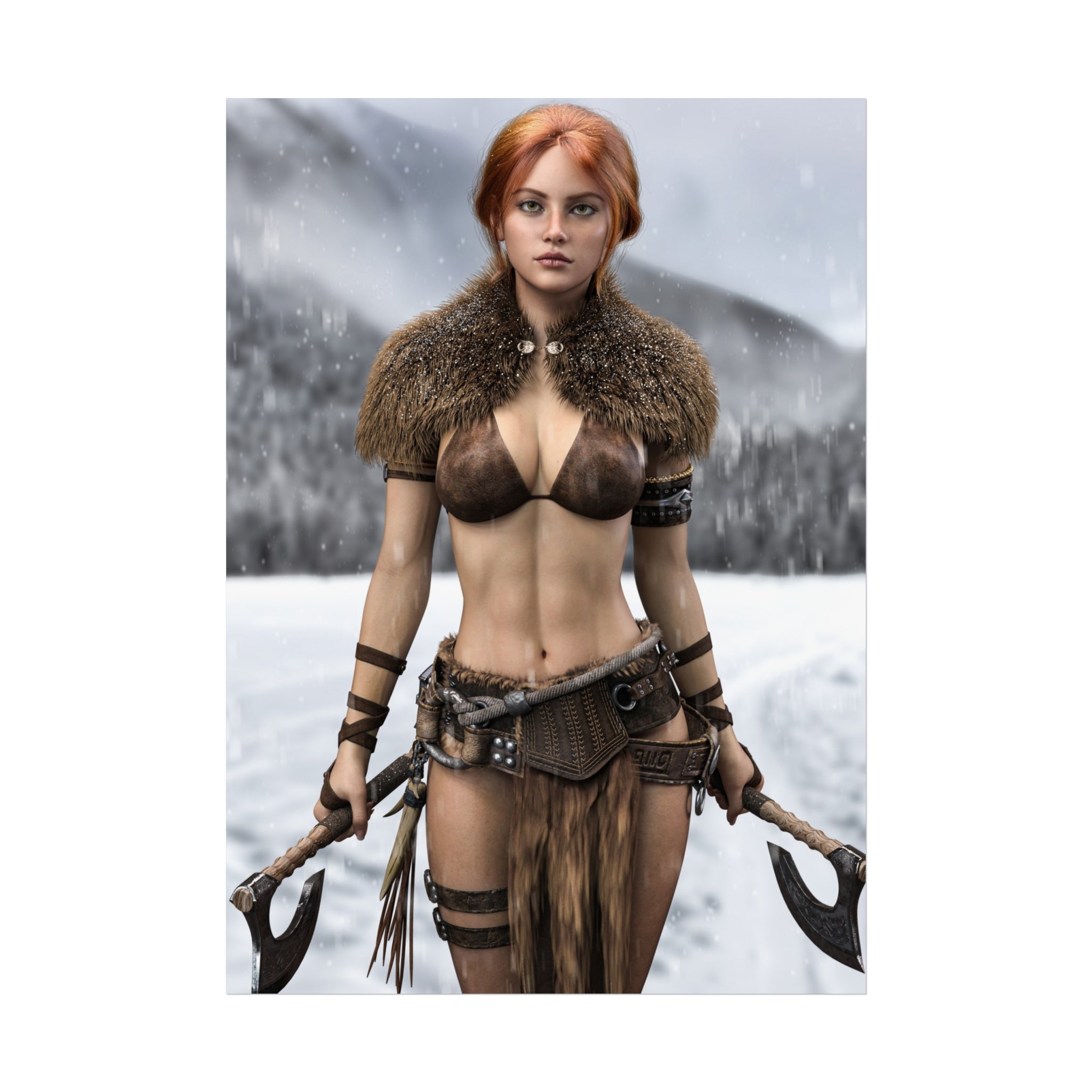 Viking Warrior Woman Fine Art Poster — Red-Haired Norse Axe Fighter Print- No AI- Human created illustration art