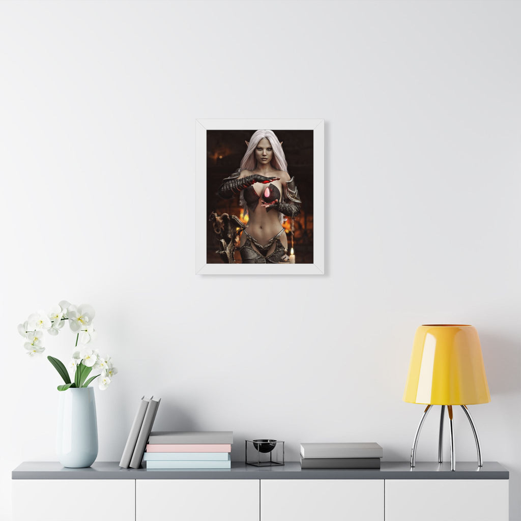 Framed Poster — Dark Fantasy Elf Sorceress with Glowing Orb- NO AI - Human made illustration