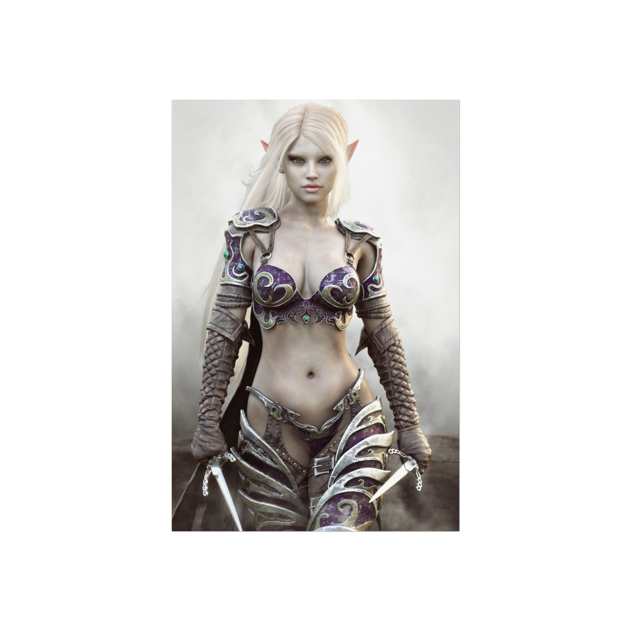 Fantasy Dark Elf Warrior Fine Art Poster — Mystical Female Elf Armor Wall Art- No AI - Human created illustration art