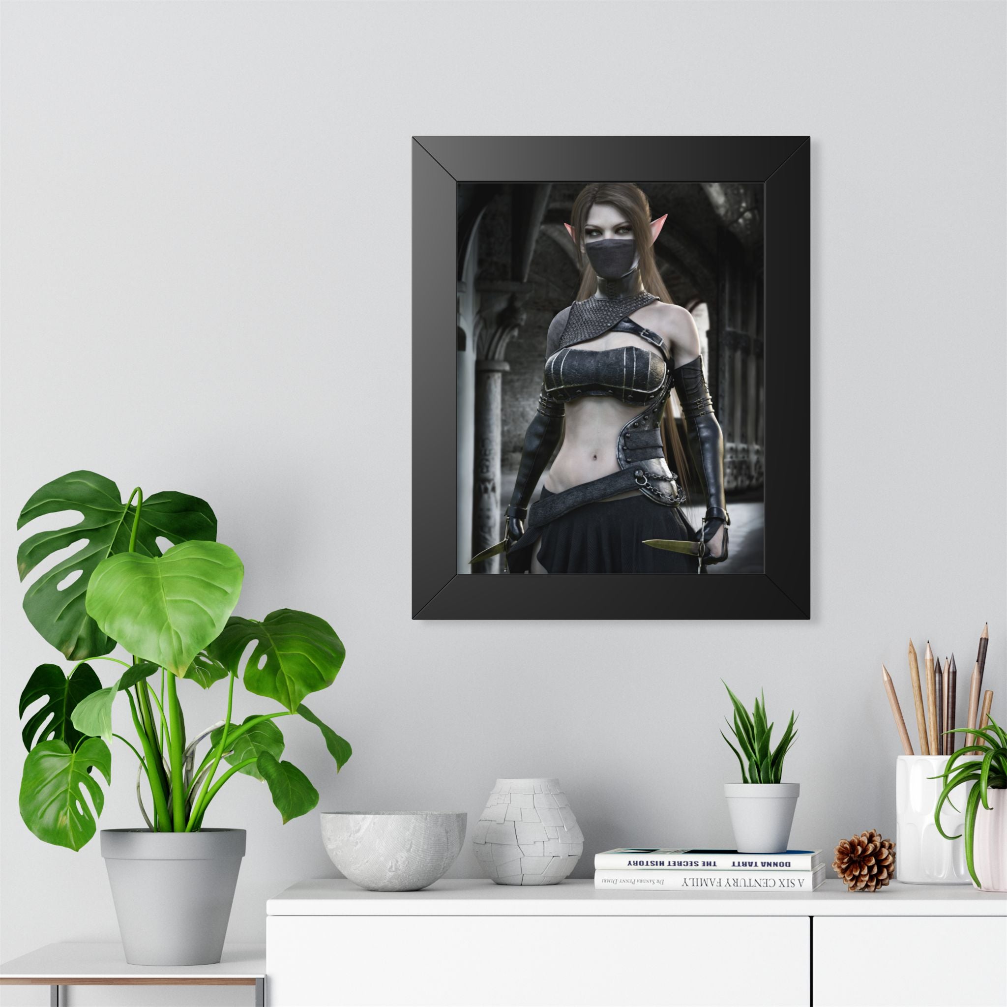 Framed Poster — Dark Fantasy Elf Assassin Wall Art (Vertical)