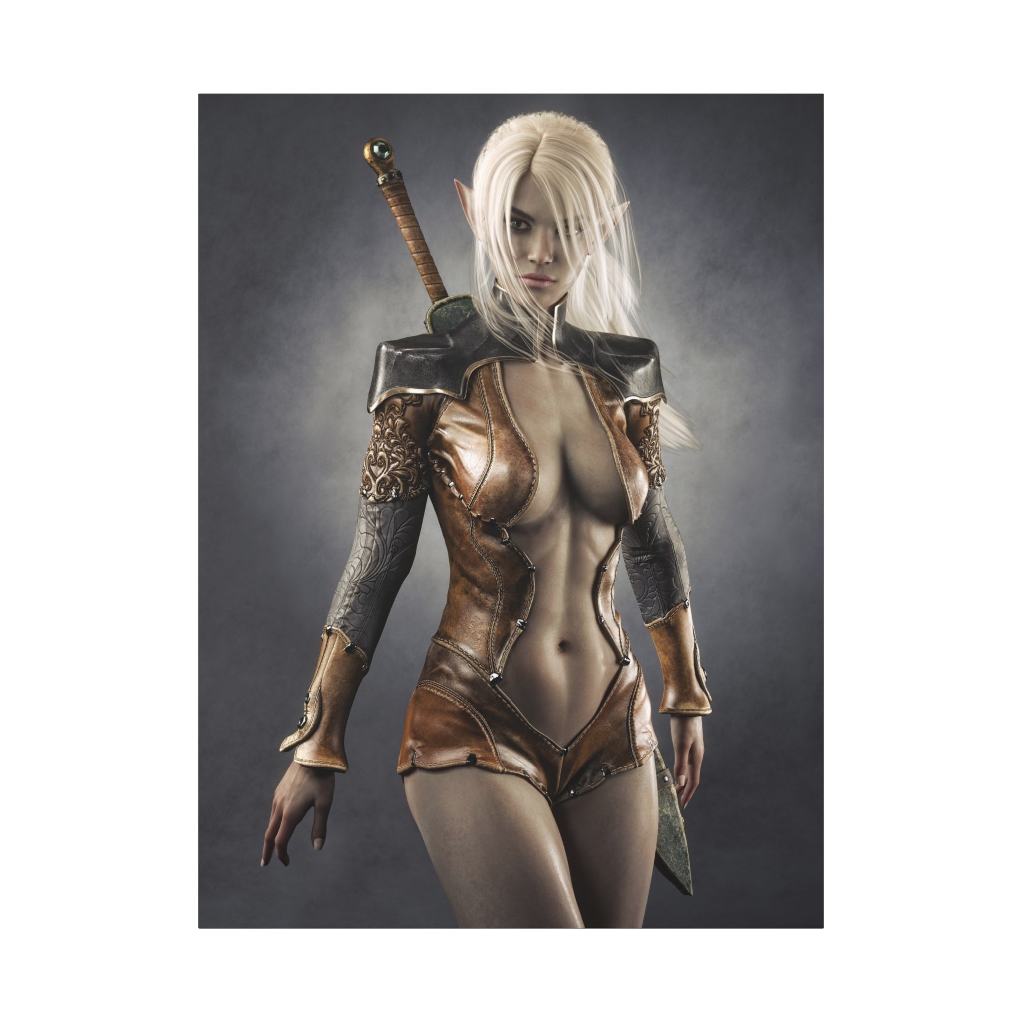 Fantasy Warrior Elf Canvas Print — Sexy Female Swordfighter Matte Stretched Art- No AI- Human created illuration art