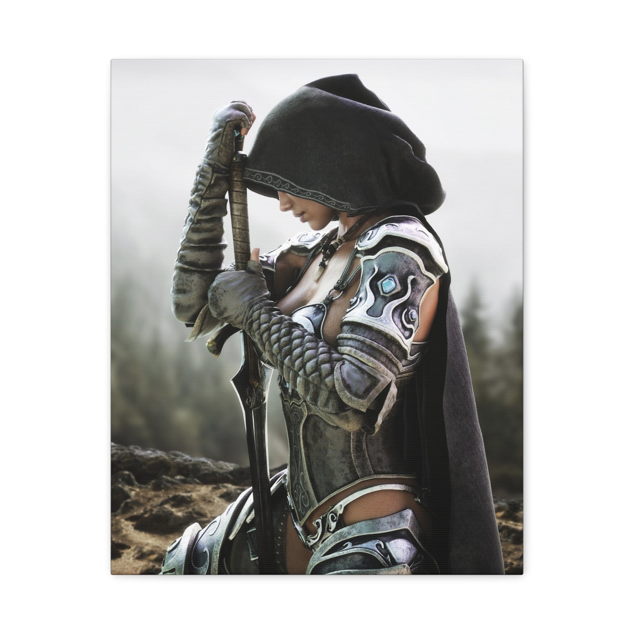 Fantasy Warrior Canvas Print — Hooded Female Knight Matte Stretched Wall Art- No AI- Human created fantasy art
