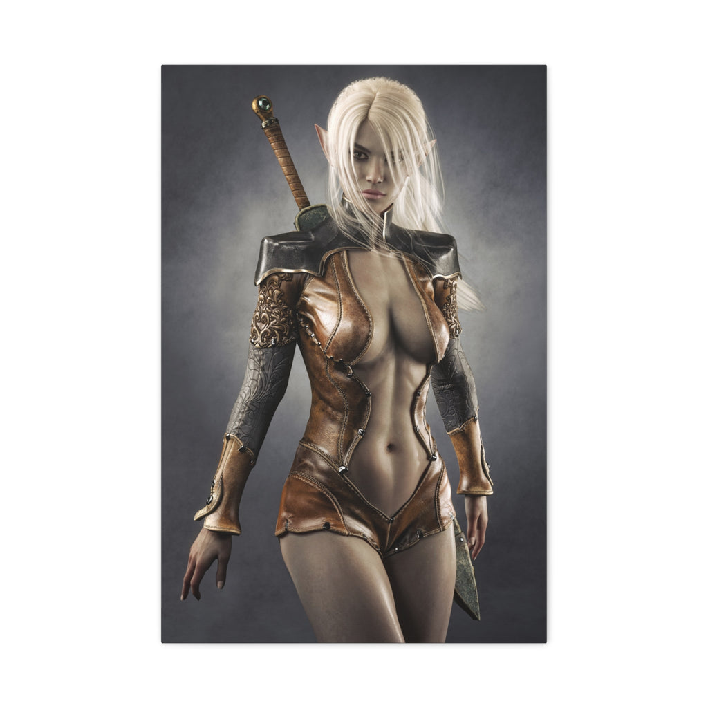Fantasy Warrior Elf Canvas Print — Sexy Female Swordfighter Matte Stretched Art- No AI- Human created illuration art