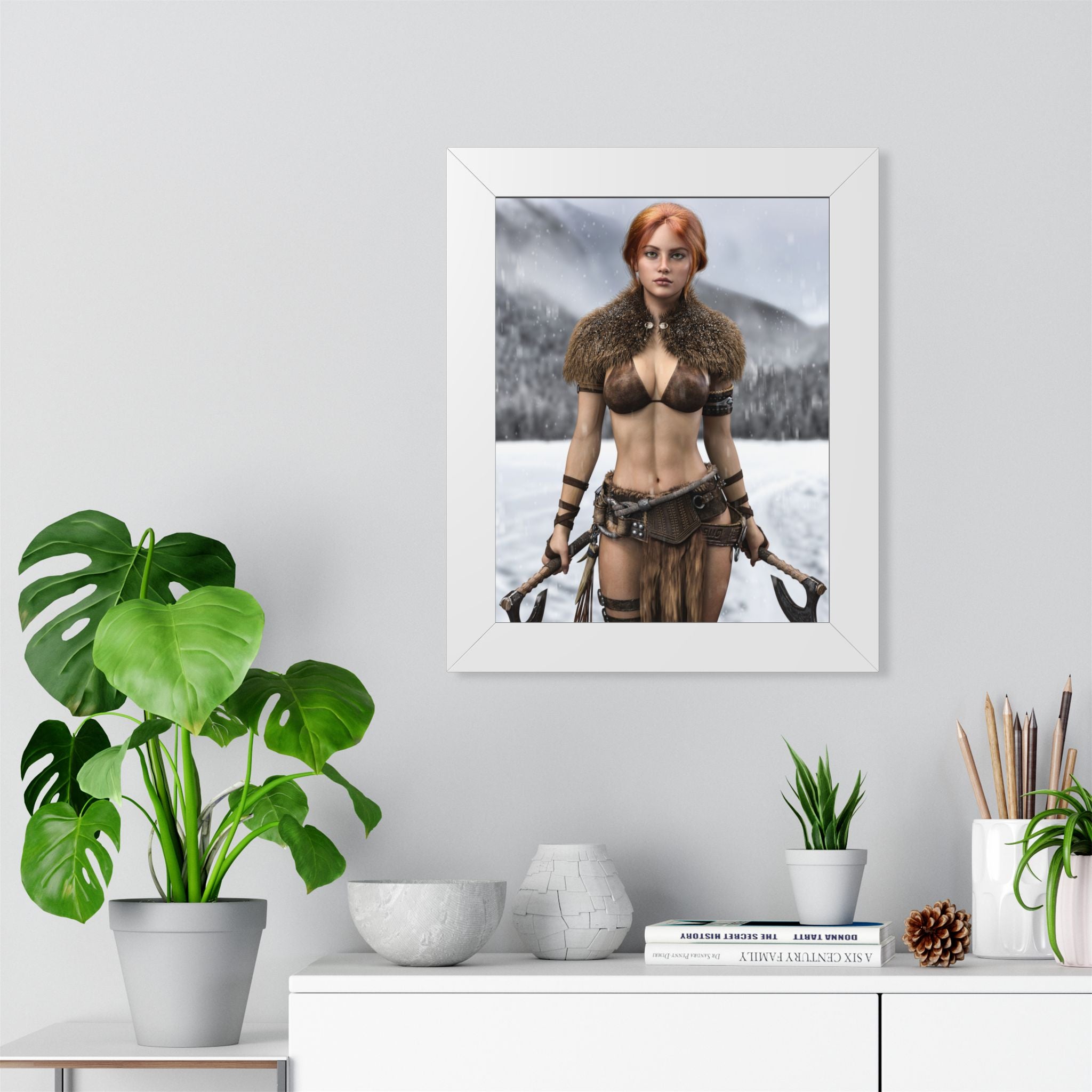 Viking Shieldmaiden Framed Poster — Redhead Warrior Art Print- No AI - Human created illustration art