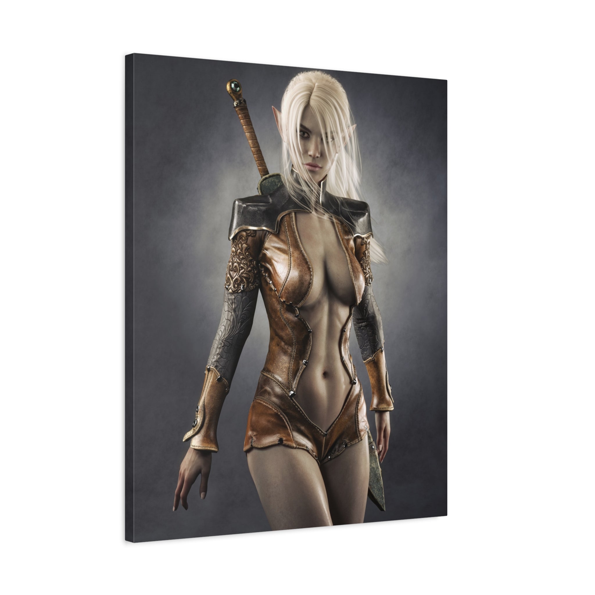 Fantasy Warrior Elf Canvas Print — Sexy Female Swordfighter Matte Stretched Art- No AI- Human created illuration art