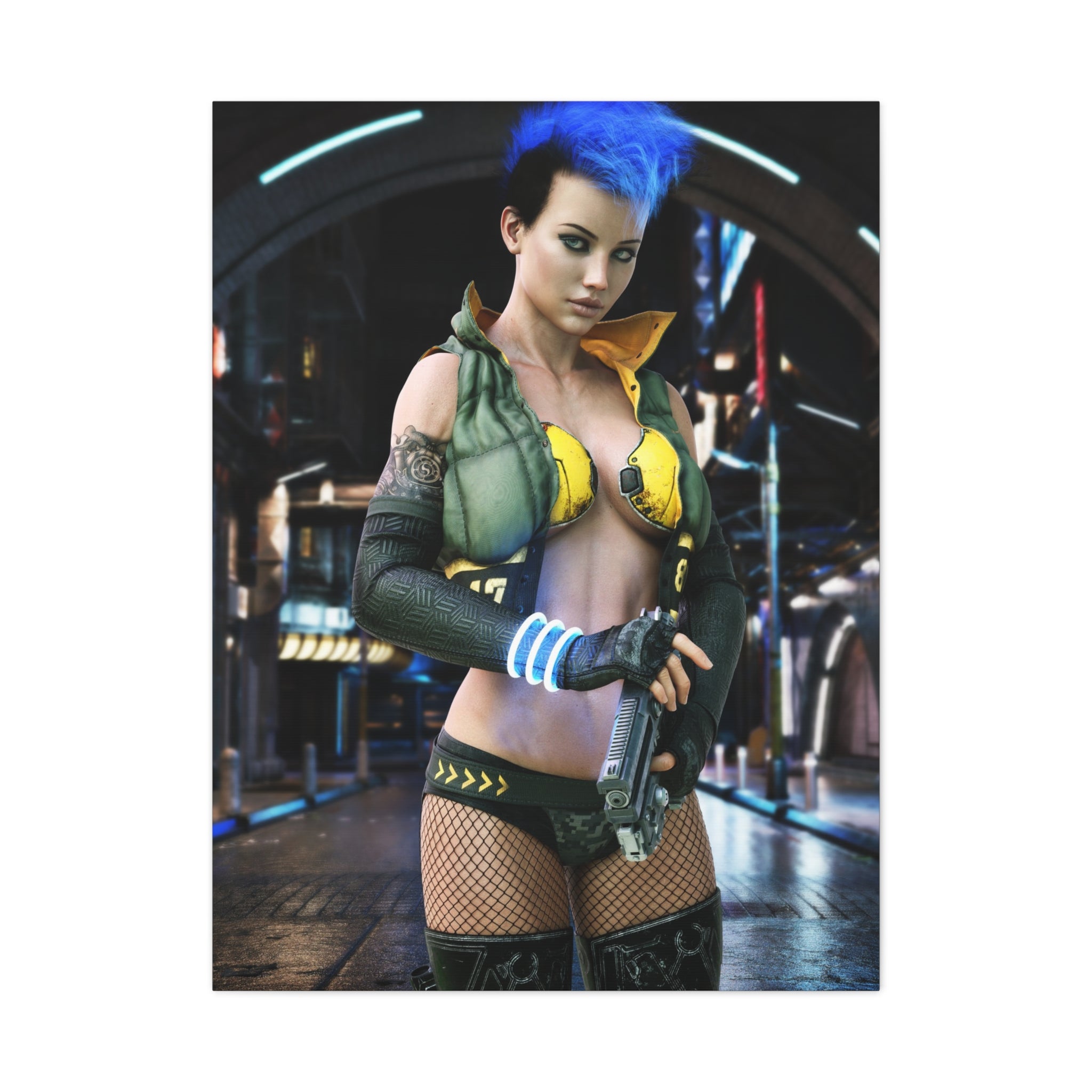 Cyberpunk Femme Fatale Canvas Print — Matte Stretched Wall Art -No AI- Human created illustration art