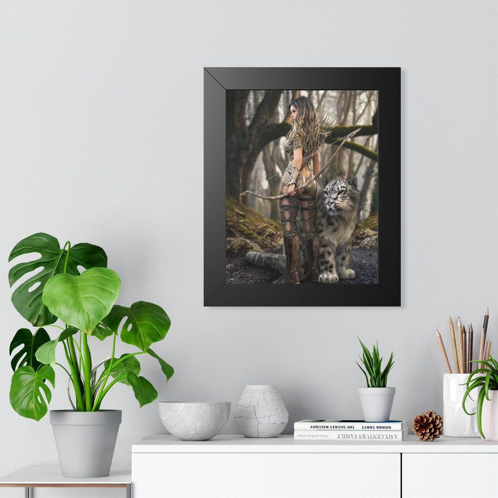Framed Poster — Forest Huntress with Leopard Fantasy Art