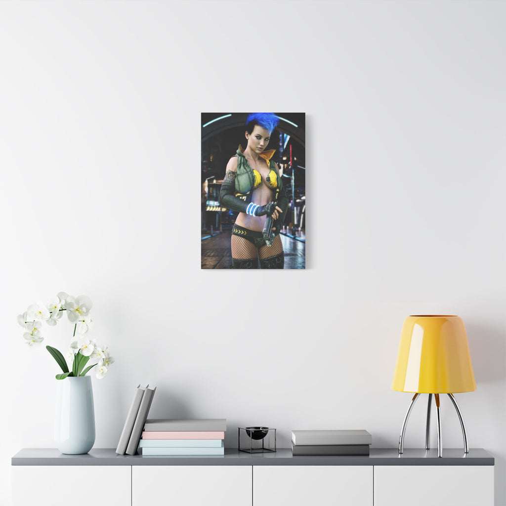 Cyberpunk Femme Fatale Canvas Print — Matte Stretched Wall Art -No AI- Human created illustration art