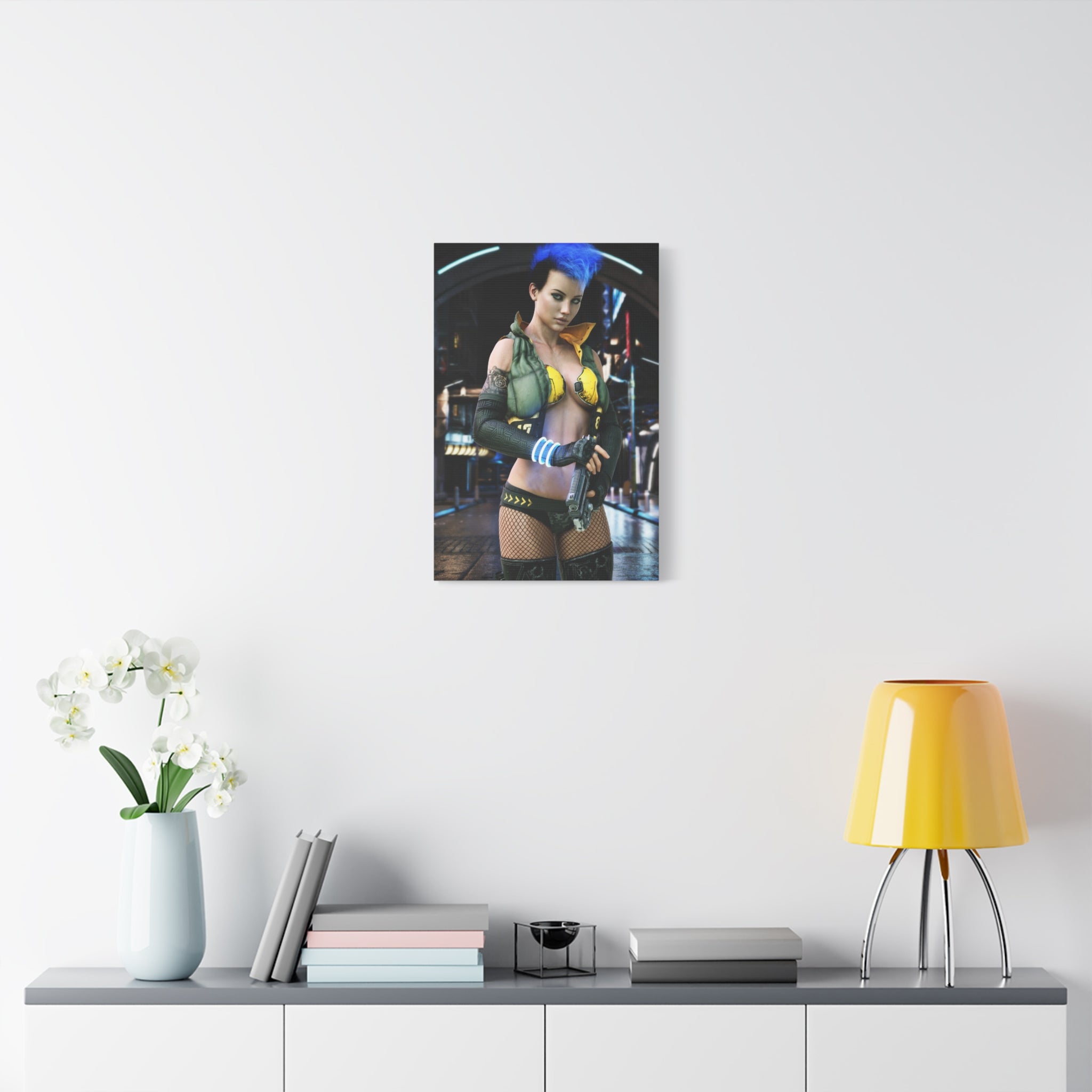 Cyberpunk Femme Fatale Canvas Print — Matte Stretched Wall Art -No AI- Human created illustration art
