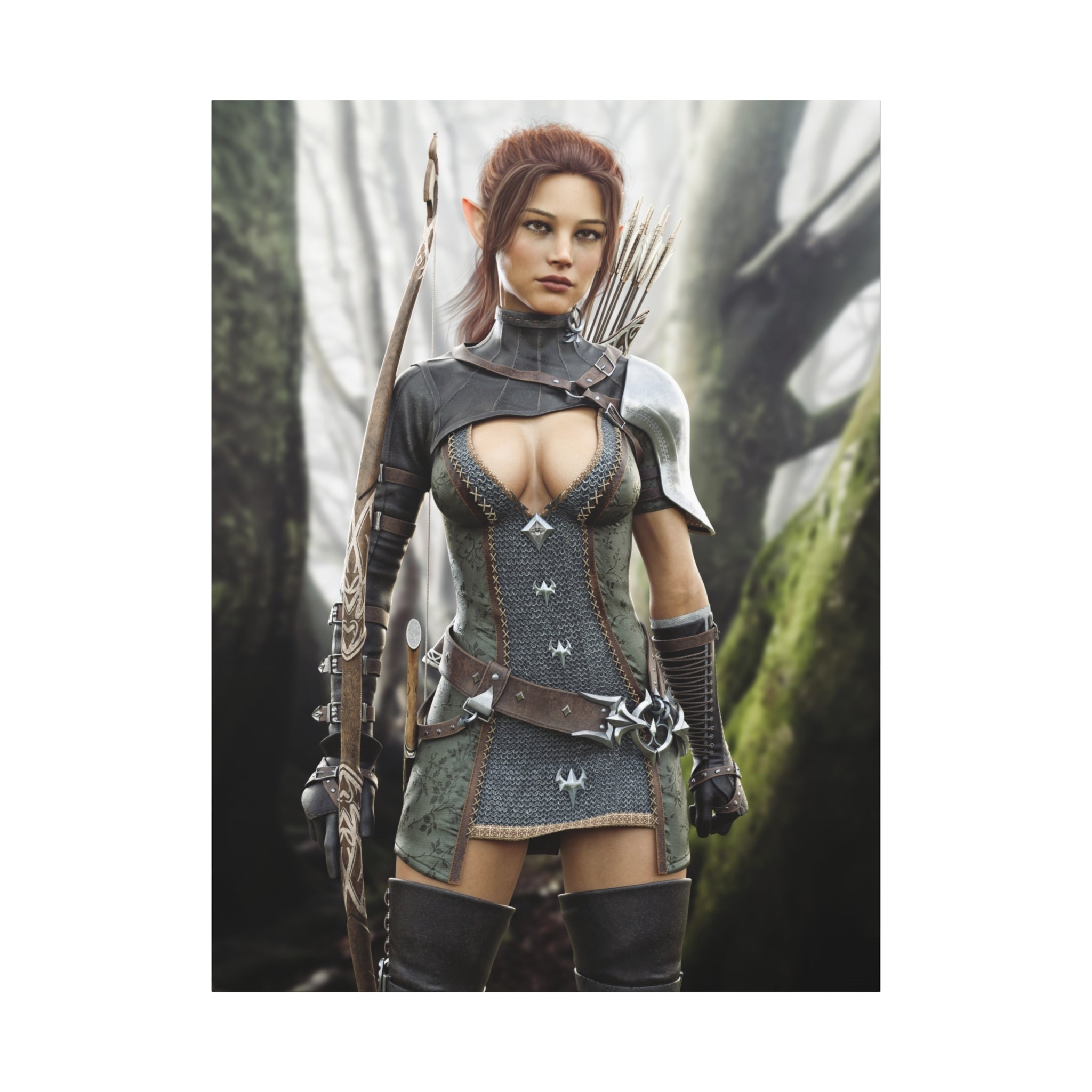 Fantasy Wood Elf Archer Warrior Canvas Print — Matte Stretched Wall Art - No Ai - human created illustration art