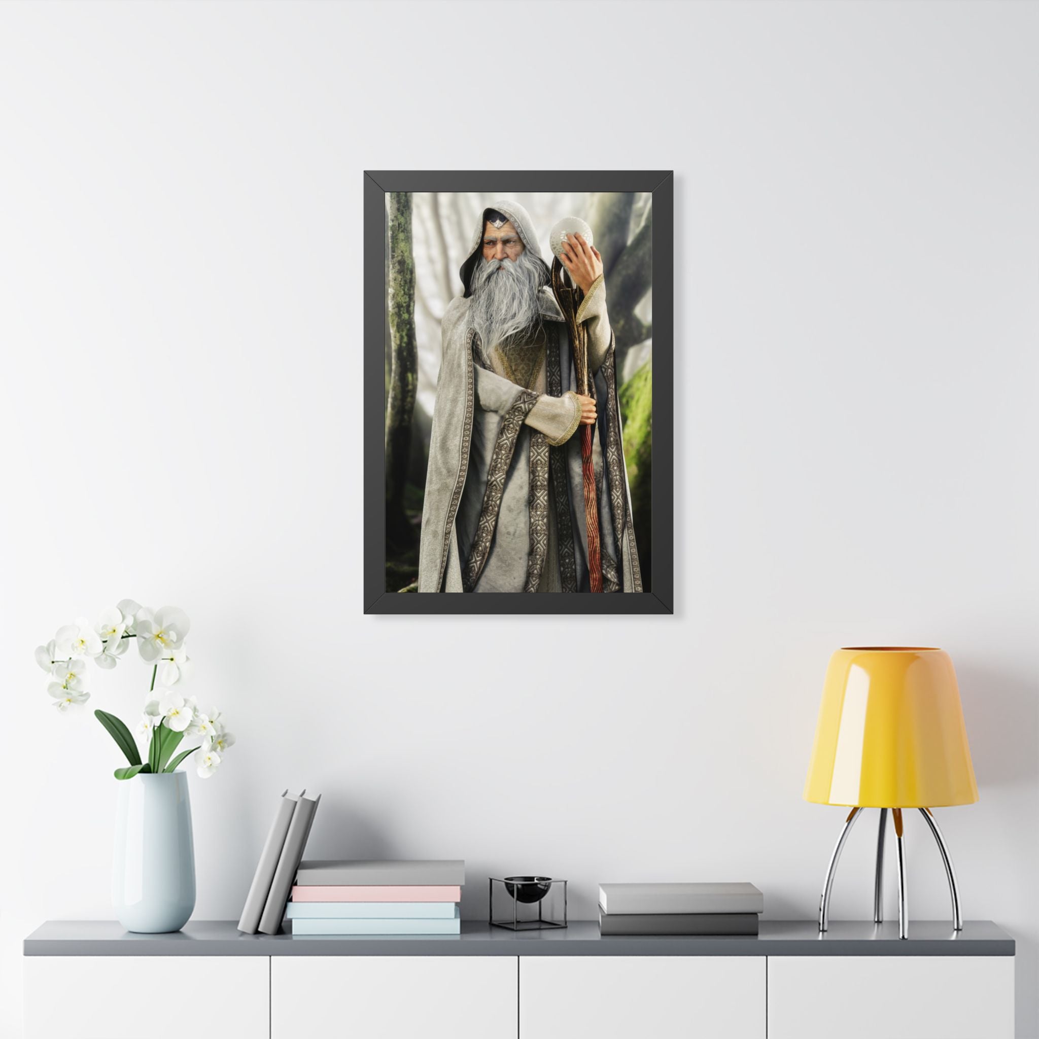 Framed Poster — Wise Wizard with Staff Fantasy Art- No ai - Human created illustration art