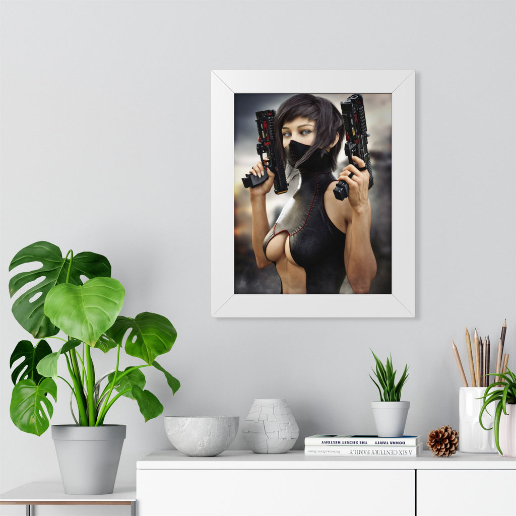 Framed Poster — Cyberpunk Female Assassin Art Print - No AI - Human created illustration art