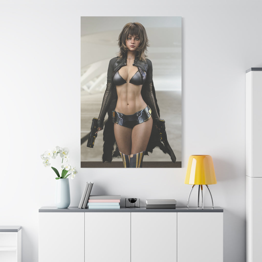 Sci‑Fi Femme Fatale Matte Canvas Print — Futuristic Warrior Wall Art- No AI - Human created illustration art