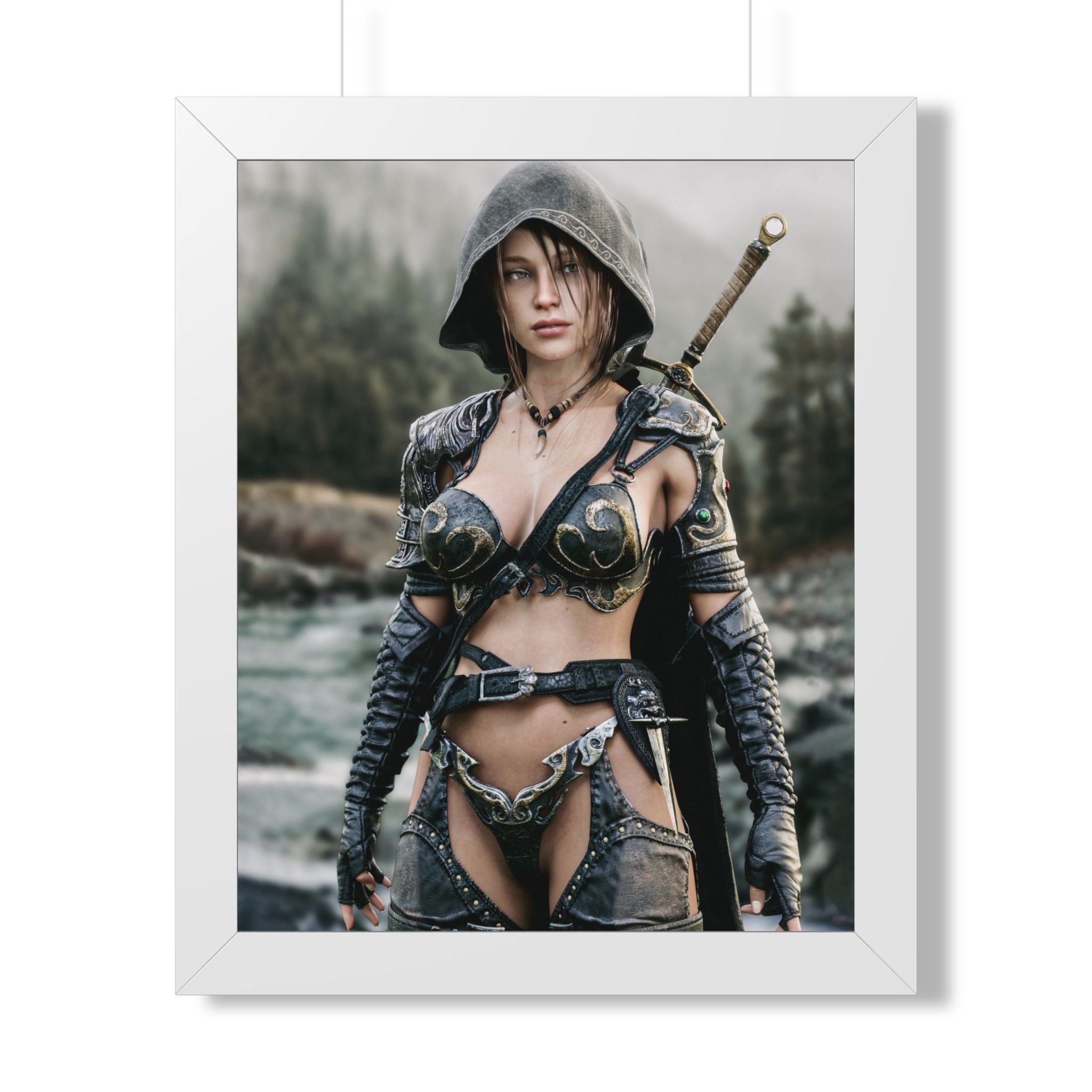 Framed Poster - Fantasy Female Ranger Warrior Art (Vertical) - No AI- Human created illustration art