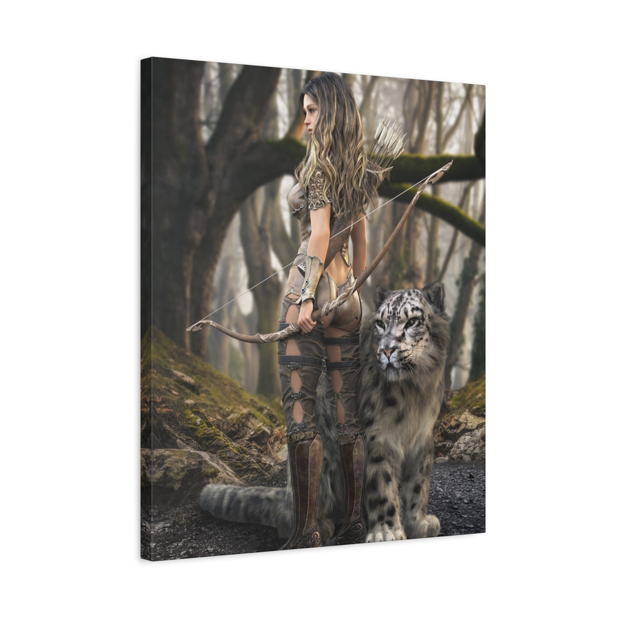 Fantasy Archer Warrior with  Leopard - Matte Stretched Canvas Wall Art - No ai - human created illustration art