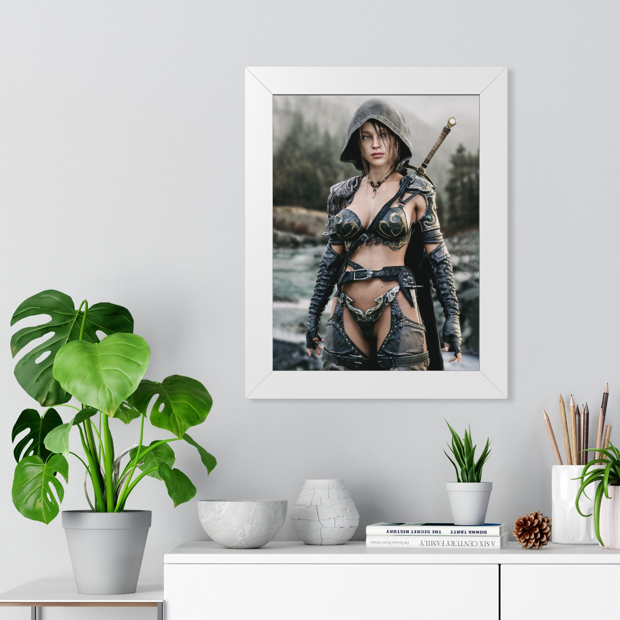 Framed Poster - Fantasy Female Ranger Warrior Art (Vertical) - No AI- Human created illustration art