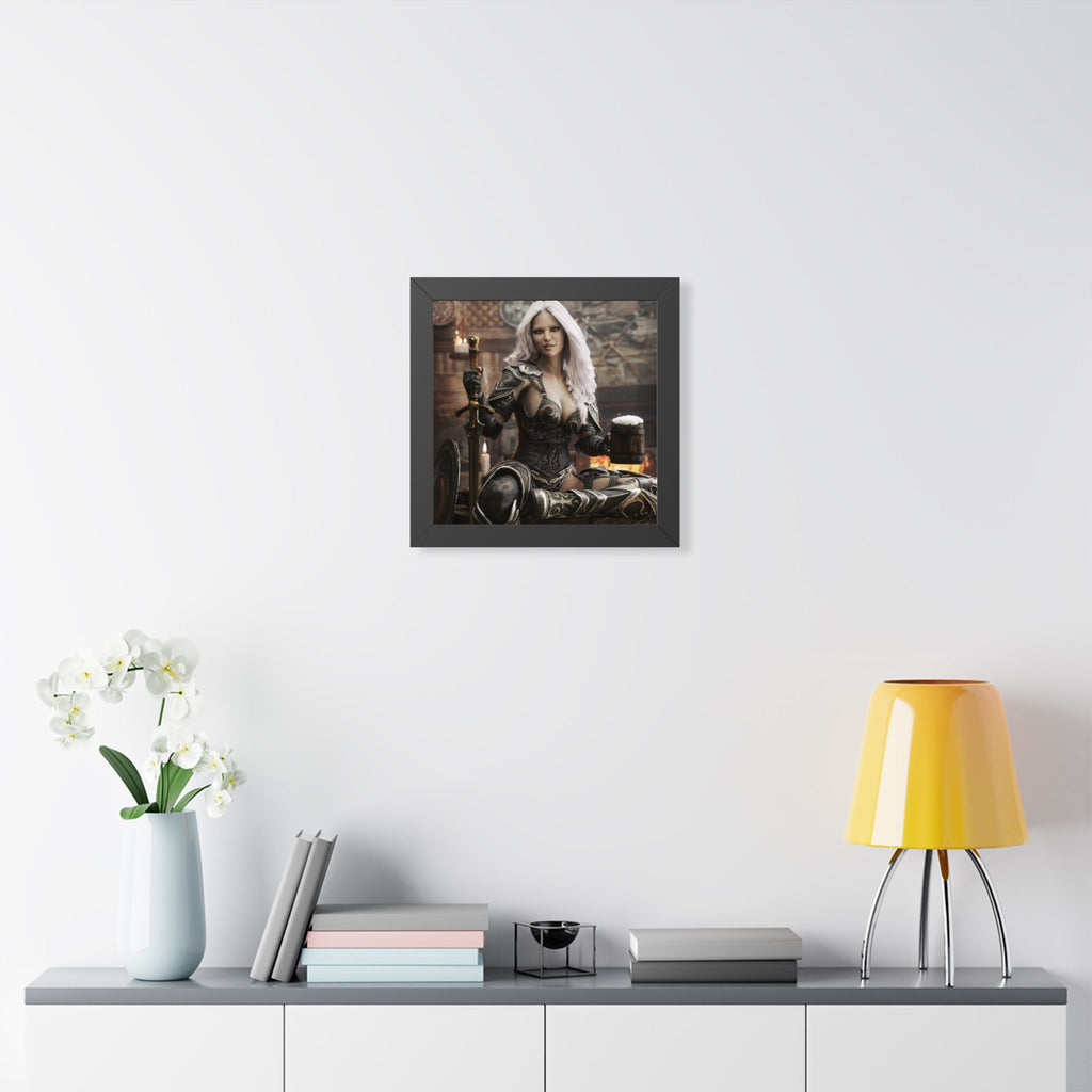 Fantasy Warrior Woman Framed Poster — Medieval Armor in Tavern Art Print- No AI- Human created illustration art