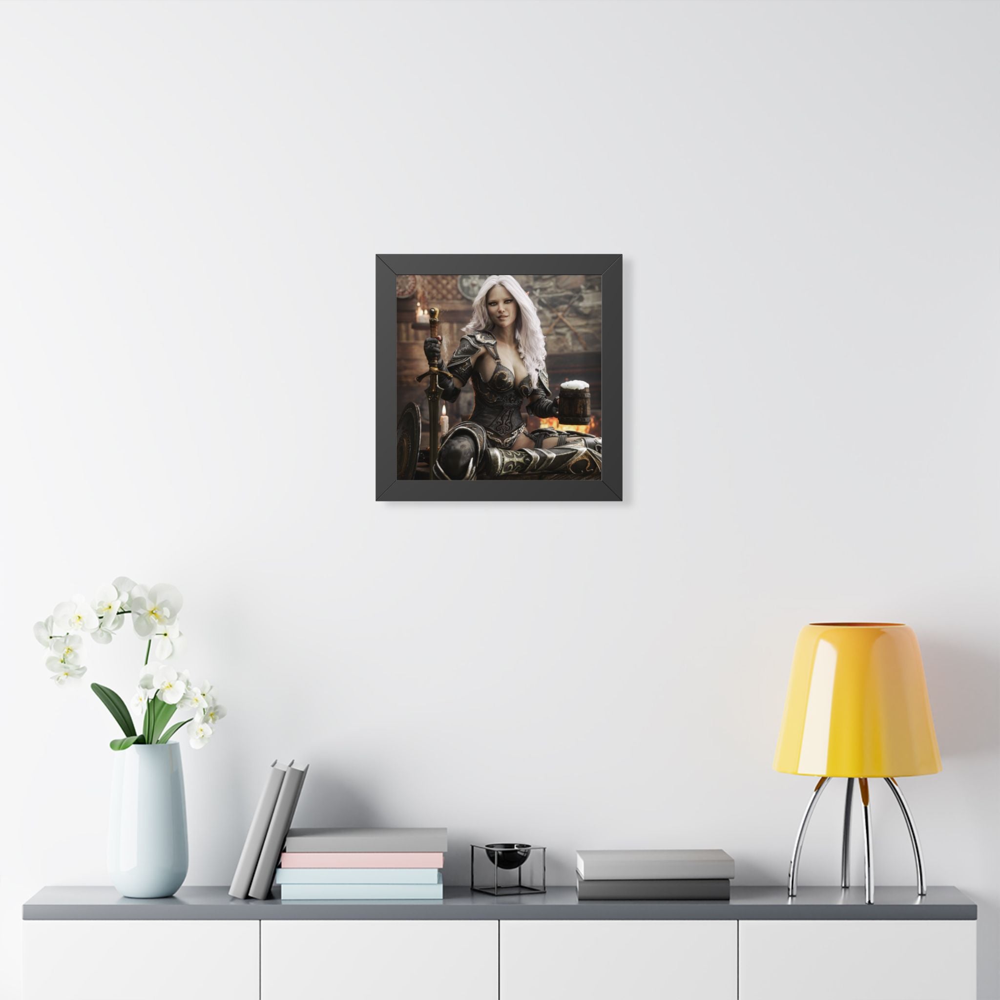 Fantasy Warrior Woman Framed Poster — Medieval Armor in Tavern Art Print- No AI- Human created illustration art