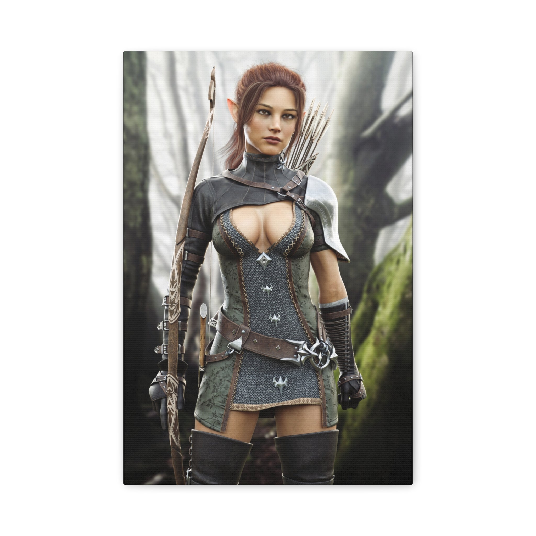 Fantasy Wood Elf Archer Warrior Canvas Print — Matte Stretched Wall Art - No Ai - human created illustration art
