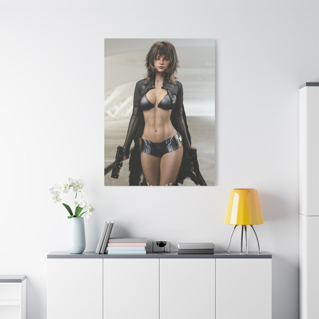 Sci‑Fi Femme Fatale Matte Canvas Print — Futuristic Warrior Wall Art- No AI - Human created illustration art