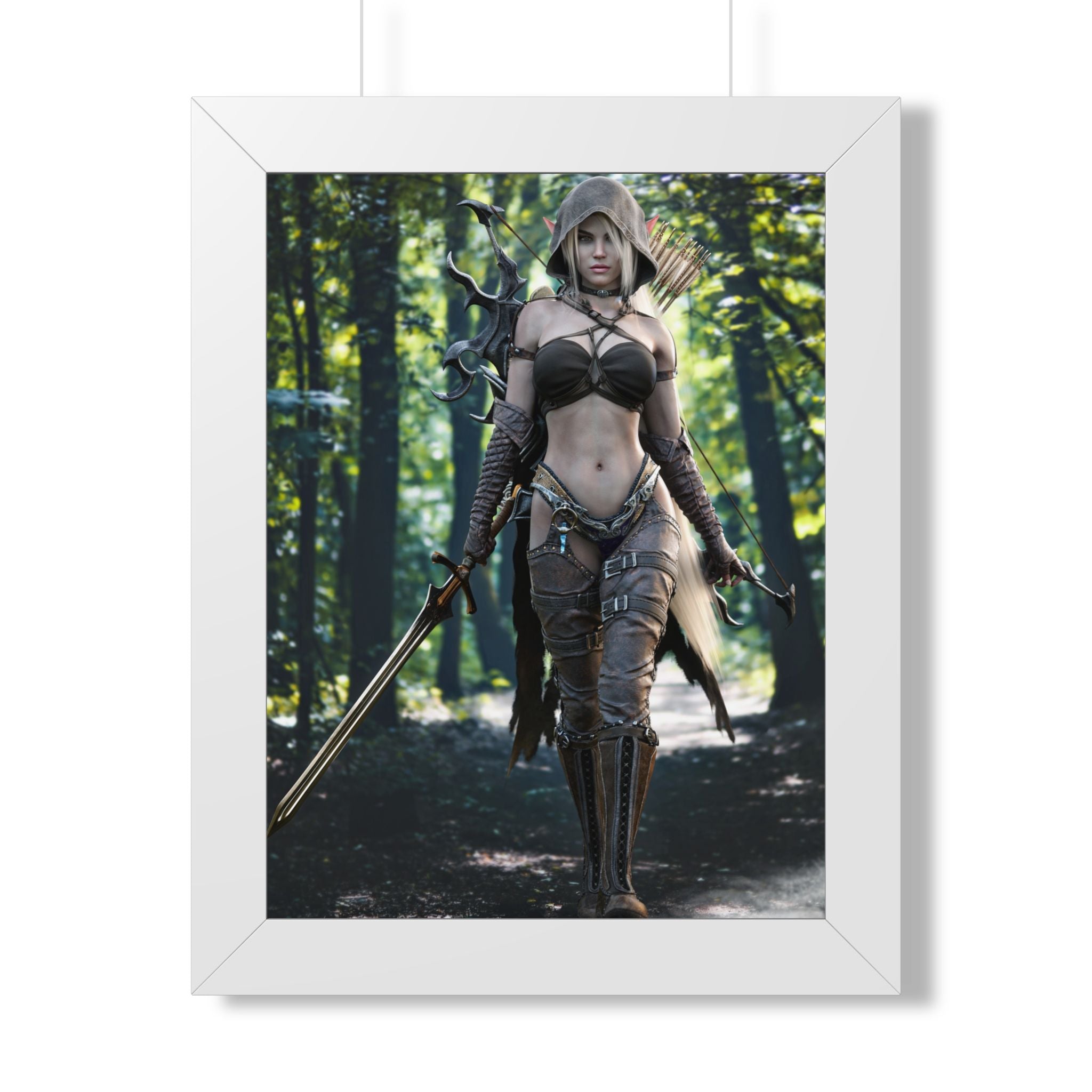 Framed Poster — Fantasy Forest Female Warrior Art Print- No AI- Human created illustration art