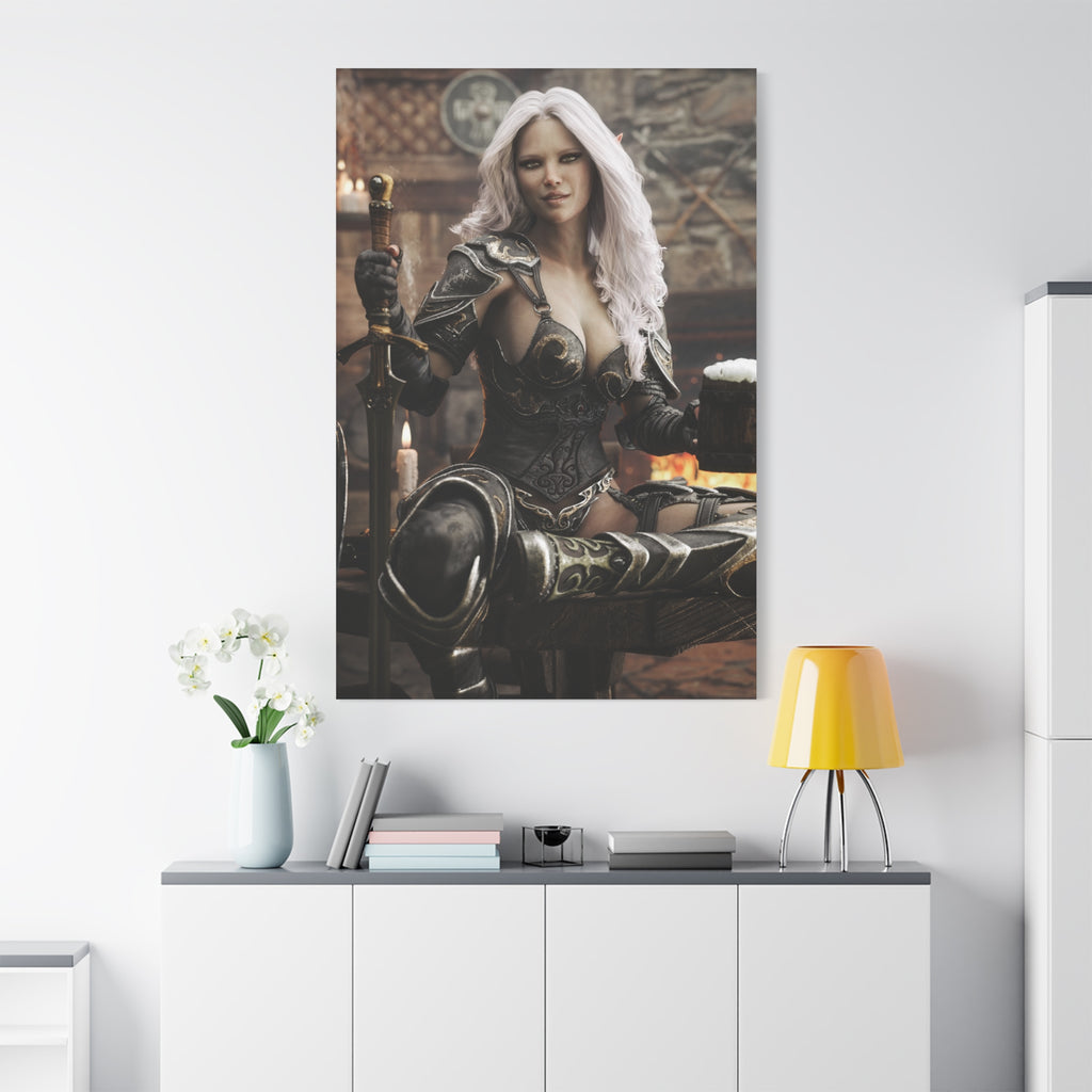 Fantasy Warrior Woman Canvas Print — Armored Dark elf in Tavern Portrait-No AI- Human created illustration art