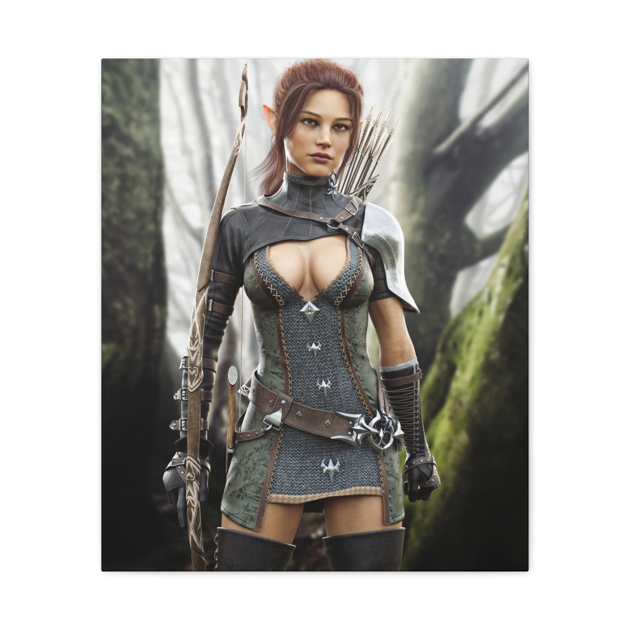 Fantasy Wood Elf Archer Warrior Canvas Print — Matte Stretched Wall Art - No Ai - human created illustration art