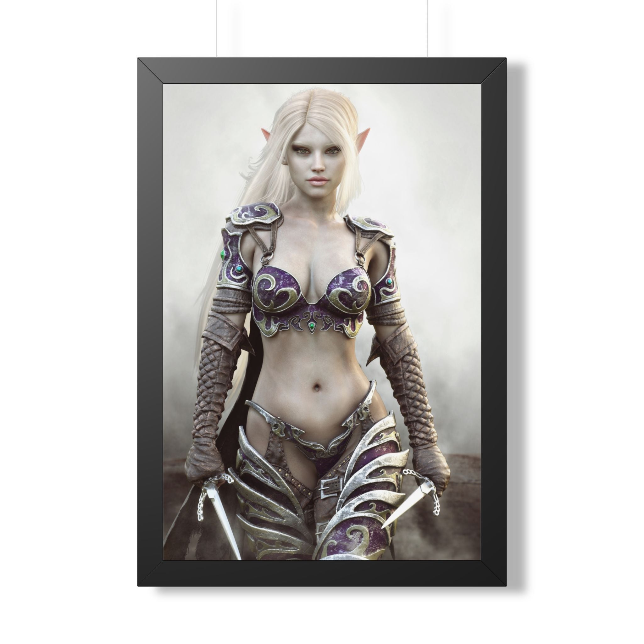 Framed Poster — Fantasy Dark Elf Elven Warrior Art Print - No AI- Human created illustration art