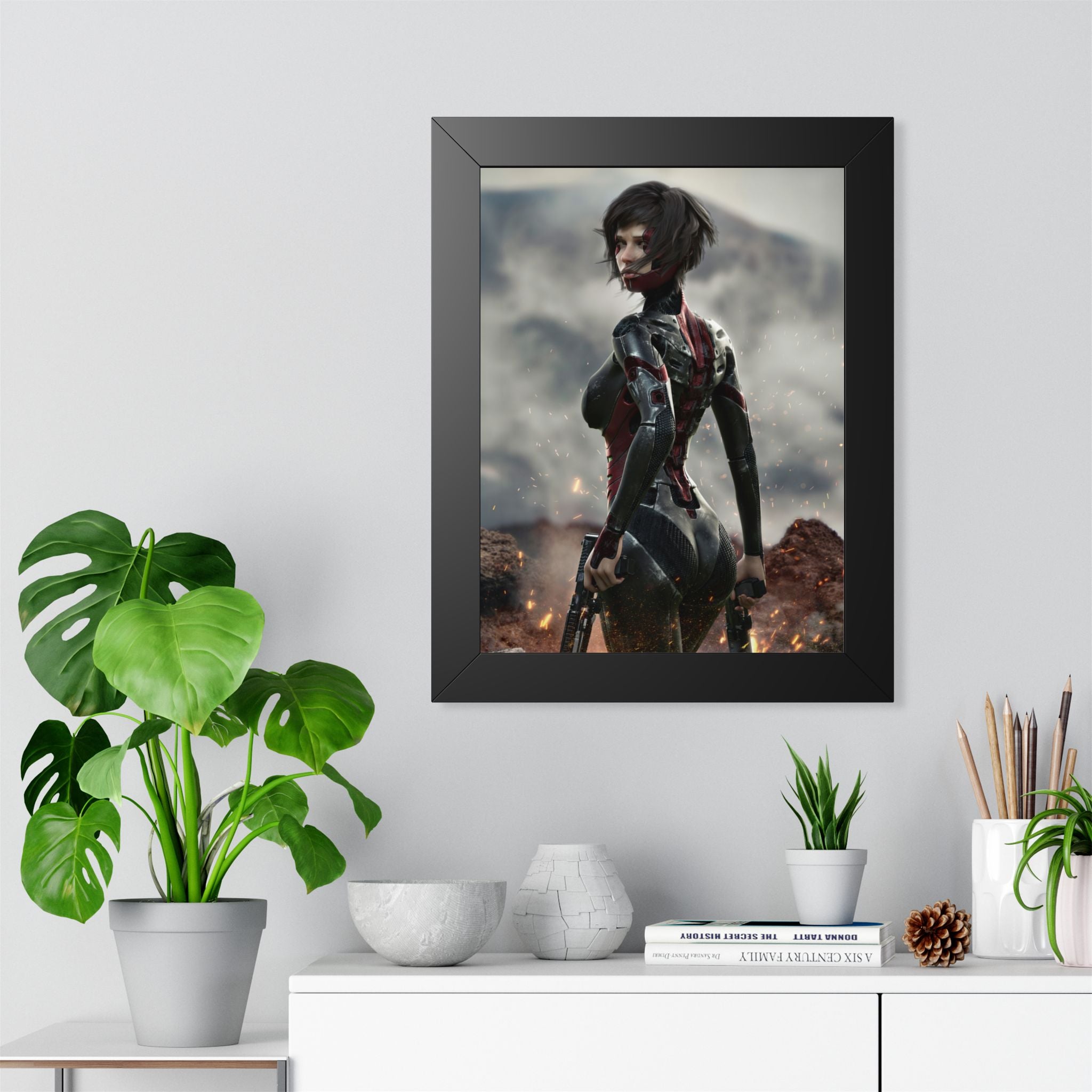 Framed Poster — Futuristic Sci‑Fi Female Warrior Art Print- No AI - Human created illustration art