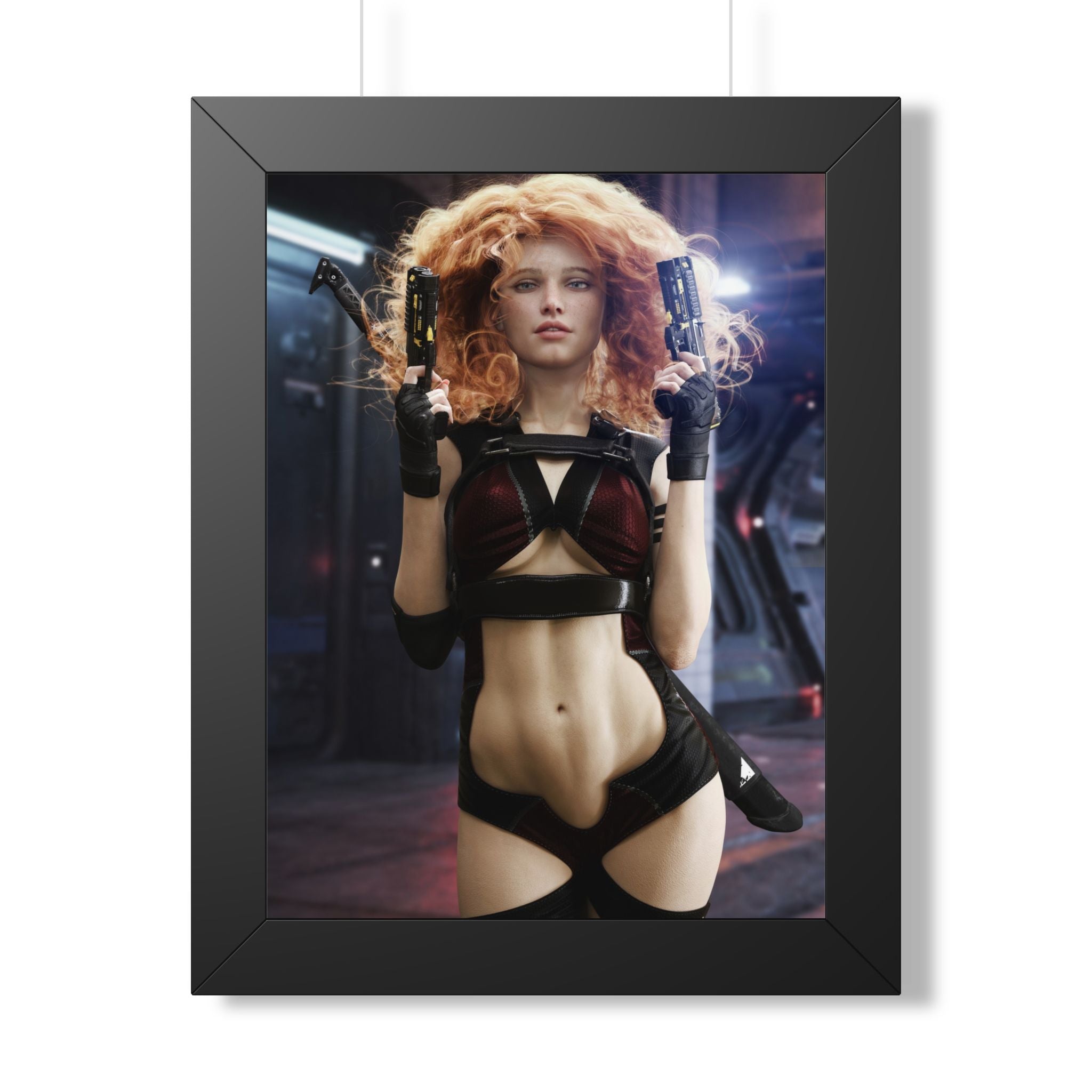 Sci‑Fi Femme Fatale Framed Poster — Cyberpunk Redhead with Dual Blasters- No AI- Human created illustration art
