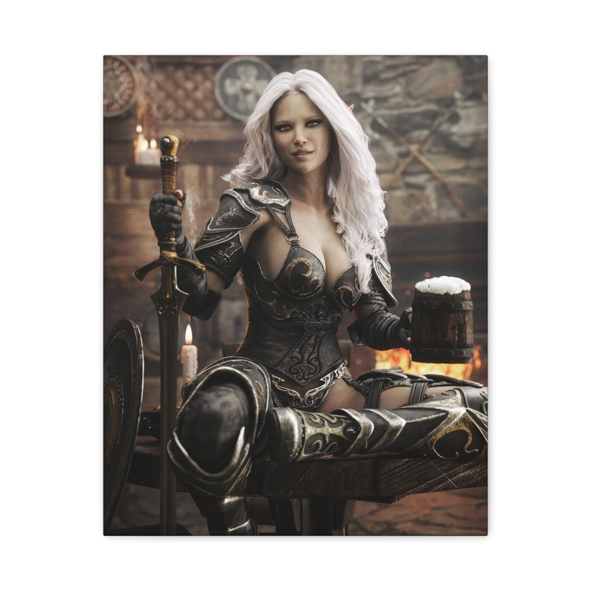 Fantasy Warrior Woman Canvas Print — Armored Dark elf in Tavern Portrait-No AI- Human created illustration art