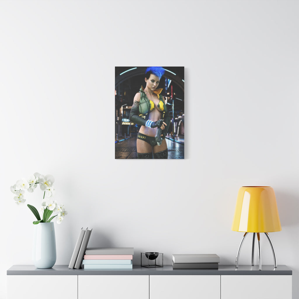 Cyberpunk Femme Fatale Canvas Print — Matte Stretched Wall Art -No AI- Human created illustration art