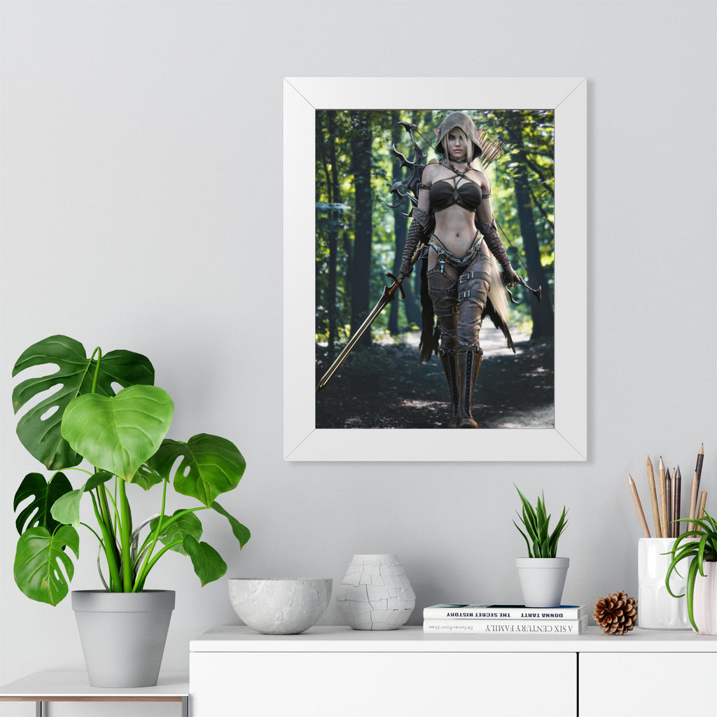 Framed Poster — Fantasy Forest Female Warrior Art Print- No AI- Human created illustration art