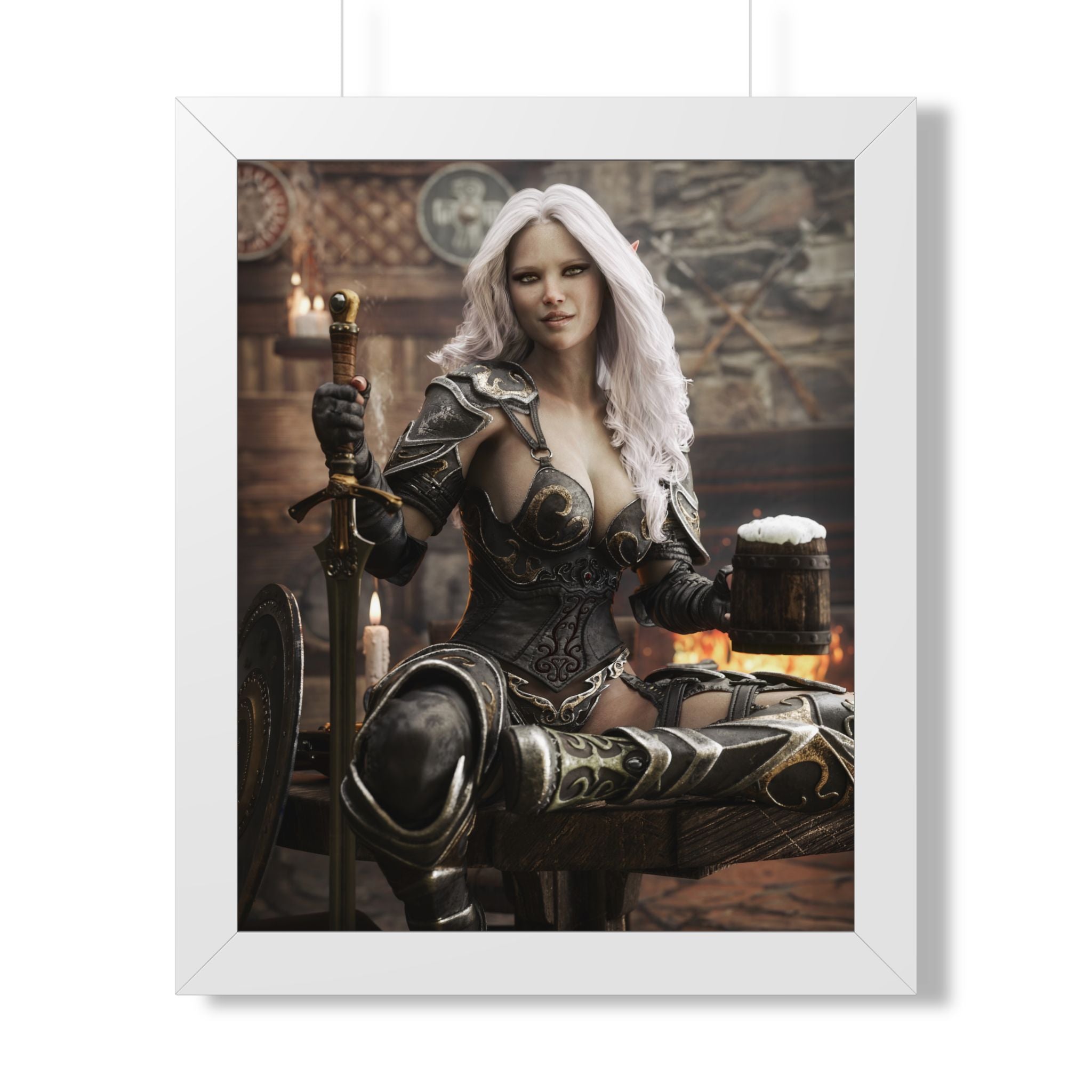 Fantasy Warrior Woman Framed Poster — Medieval Armor in Tavern Art Print- No AI- Human created illustration art